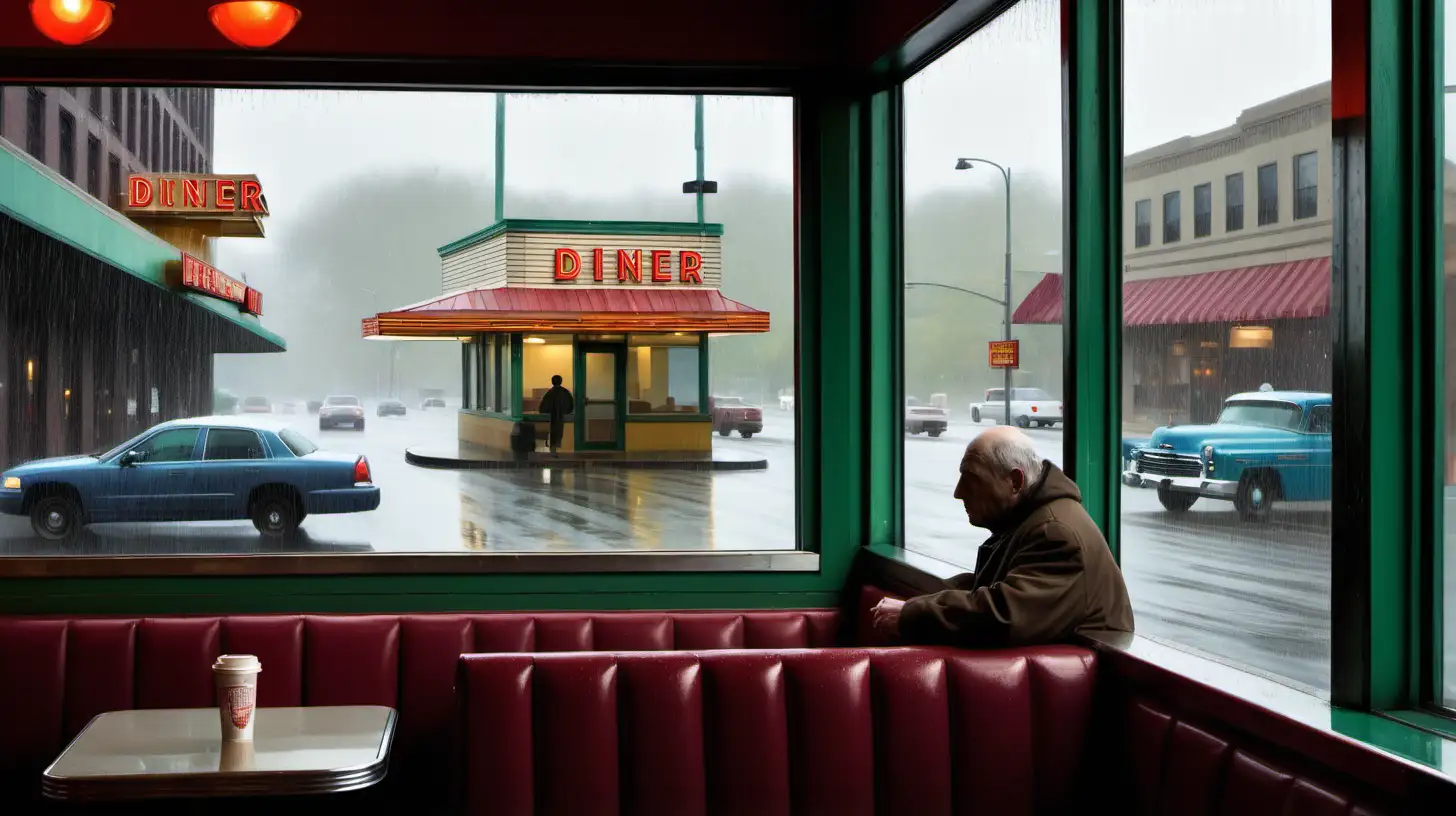 in style of edward hopper a lone patron in large diner, looking out big glass window on a rainy day in very urban setting