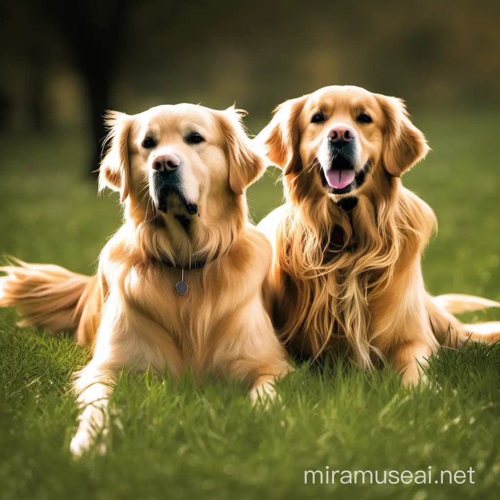 Two Golden Retrievers Playing Fetch in a Sunny Park