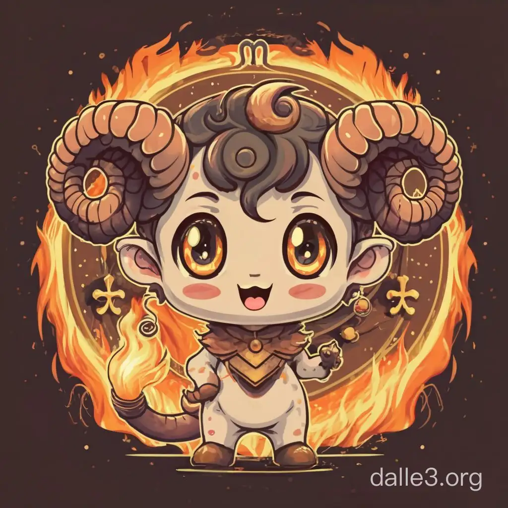  A chibi zodiac Aries character with big eyes and a cute smile,  with Firey background, Aries a symbol,fully colored, no shading