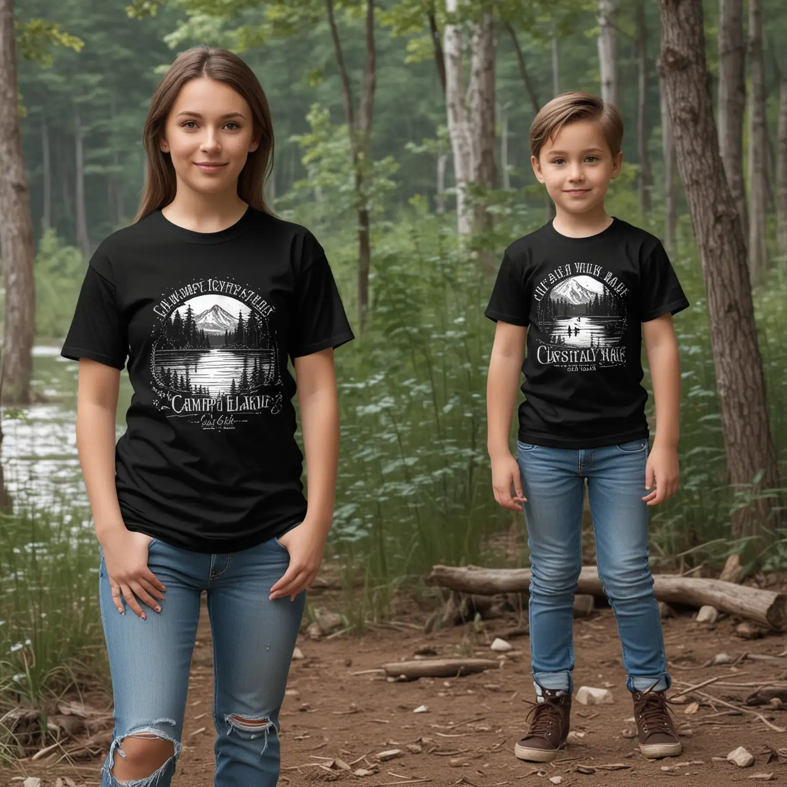 MOCKUP FOR A BLACK TEE.  THERE SHOULD BE 2 MODELS.  THE FIRST MODEL SHOULD BE A  FEMALE.  THE SECOND SHOULD BE A LITTLE BOY.  THEY SHOULD BE STANDING OUTSIDE AT CAMP CRYSTAL LAKE