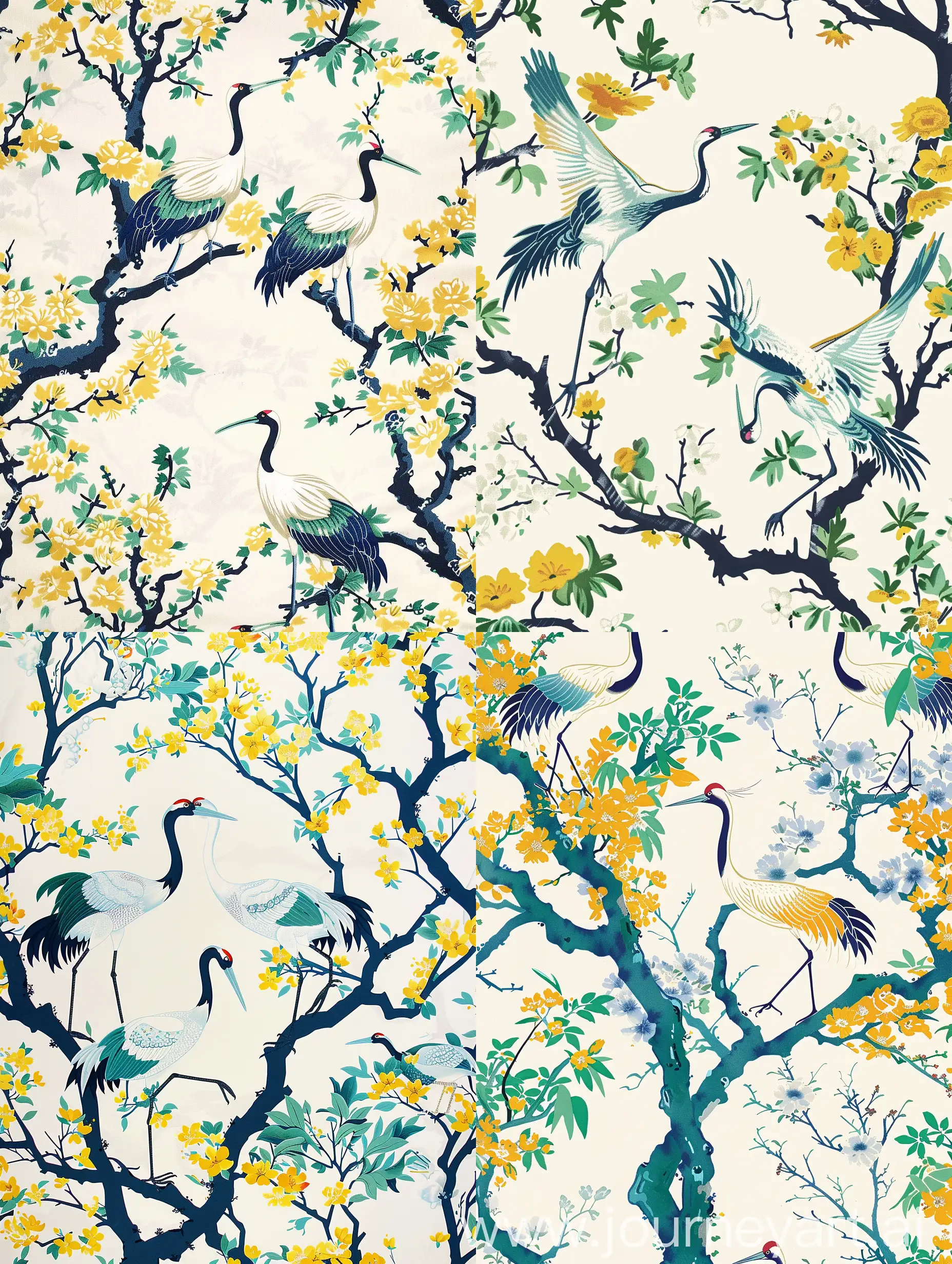 Colorful-Crane-Birds-in-Blossoming-Trees-on-White-Background