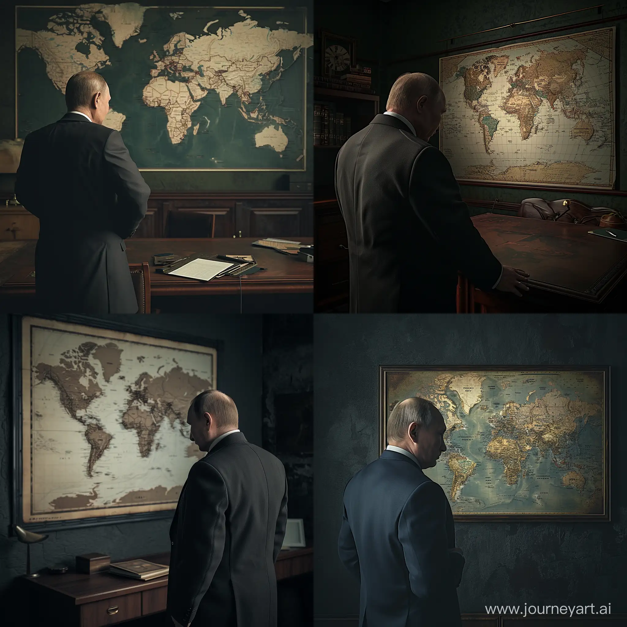 Vladimir-Putin-Examines-World-Map-in-RetroStyle-Office