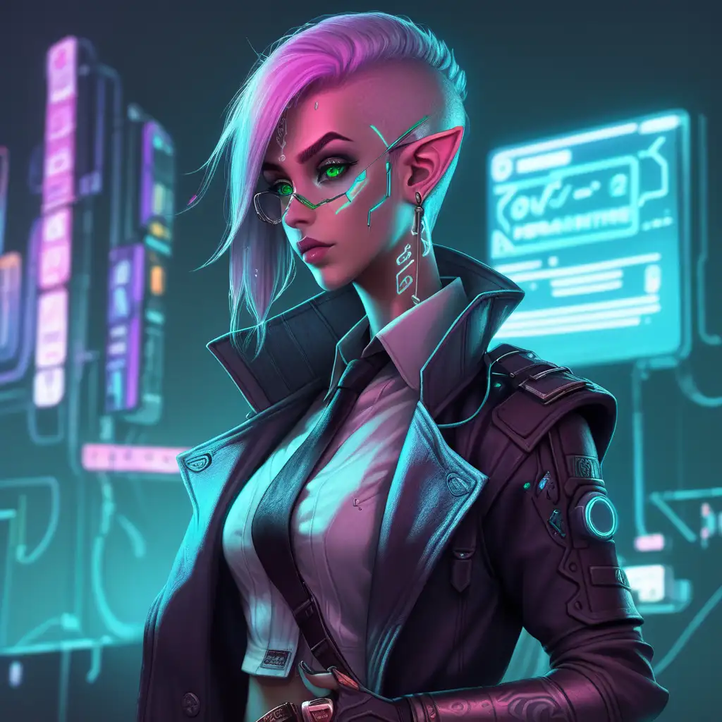 Futuristic Cyberpunk Female Elf Detective Investigating Urban Crime Scene