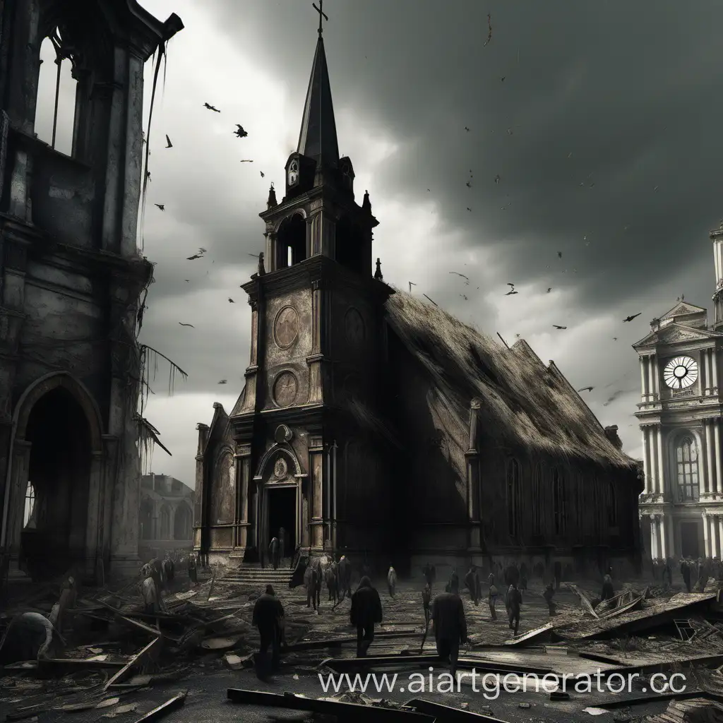 dilapidated dark church, armed people bursting inside, high detail, ultra-realism