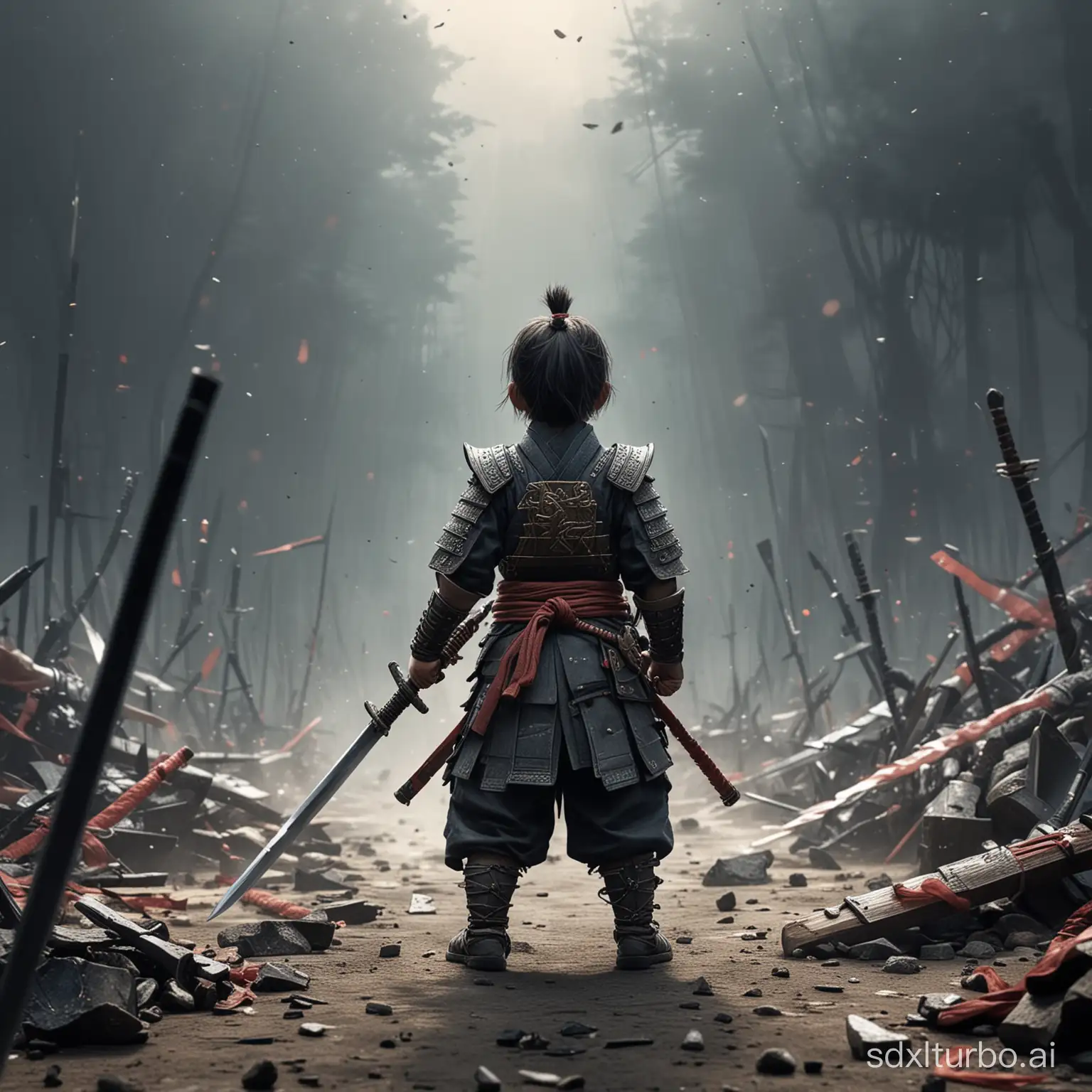Little child samurai warrior, his grip on the sword unwavering as he stands amidst the chaos of battle, game character, stands at full height