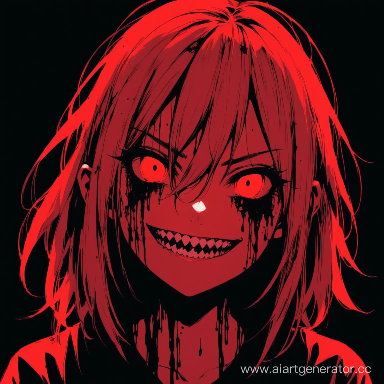 Sinister-Grinning-Girl-with-Sharp-Teeth-in-Red-Black-Filter-and-Blood