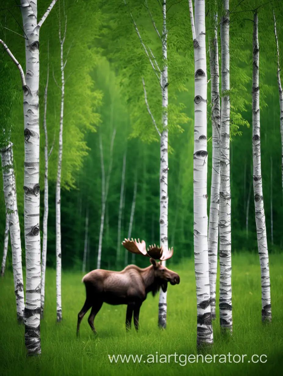 Lush green nature, white-trunked birches, moose near the birches