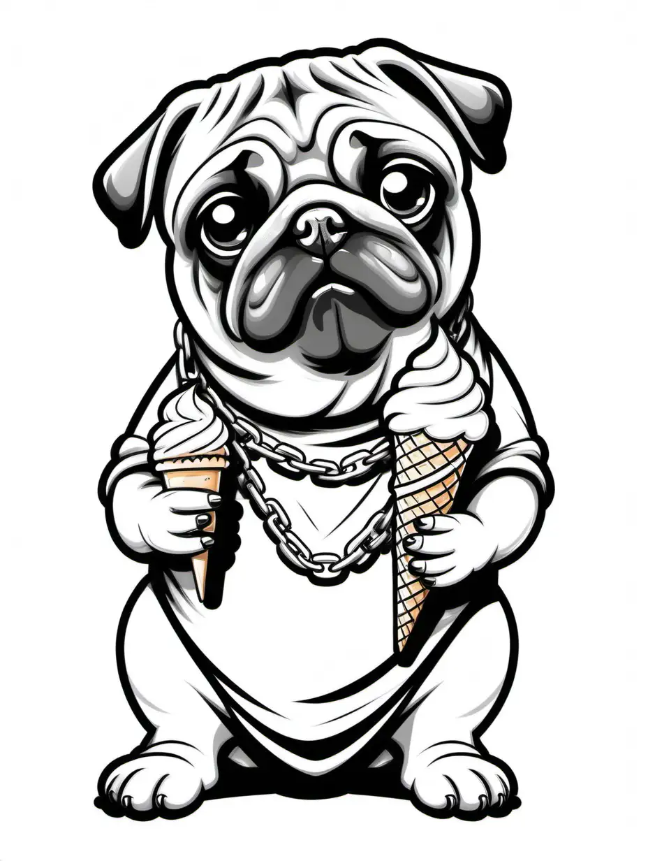 hip hop dressed pug wearing a chain eating an ice cream cone for a coloring book, cartoon style, thick black lines, white background, 