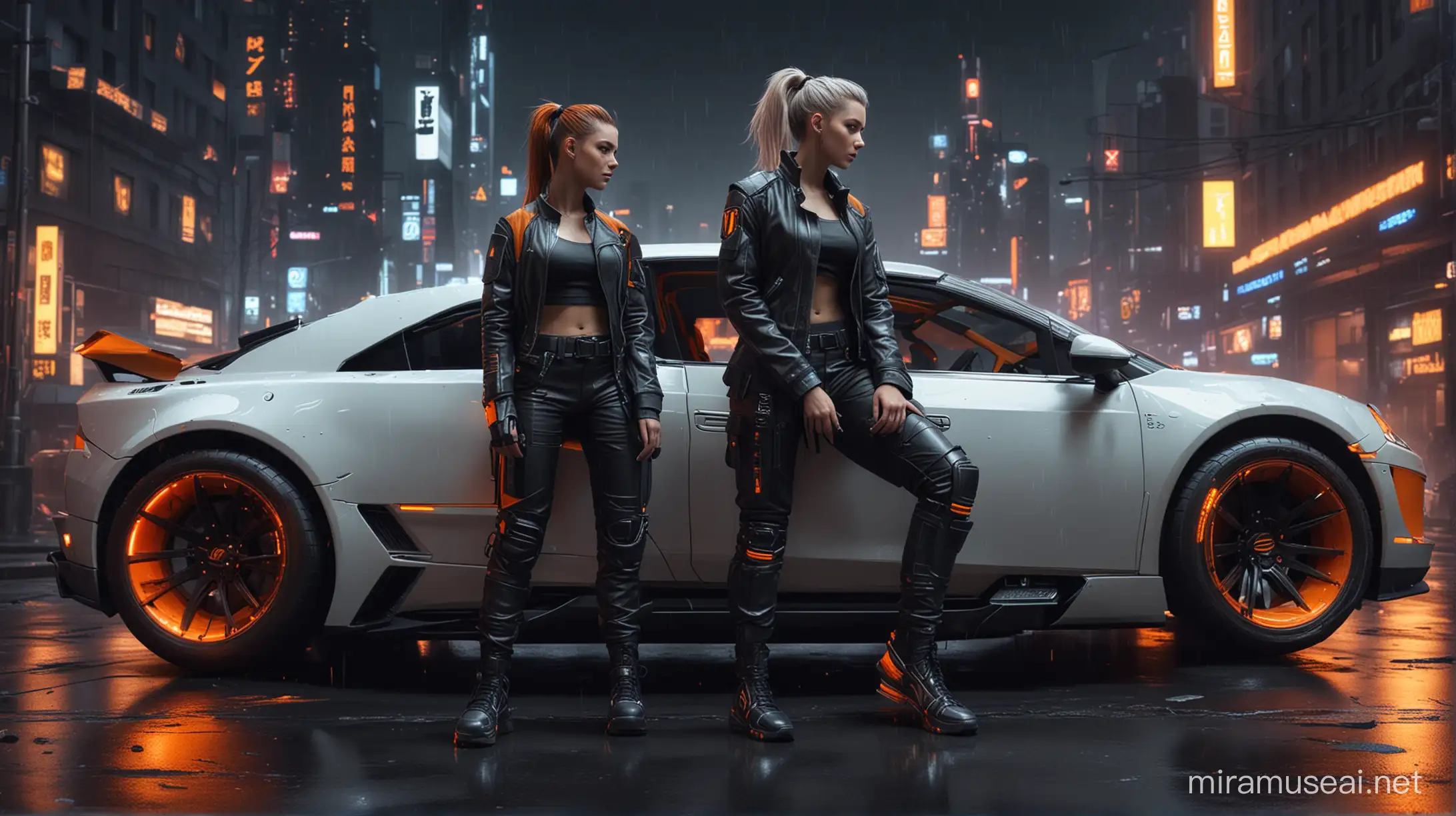 cyberpunk heterosexual couple, undercut ponytail topknot hairstyles, black leather techwear outfits, white black orange low-top ergonomic futuristic hi-tech sneakers, leaning on futuristic luxury cyberpunk car with thick glowing tires, dimly neon-lit cityscape nighttime, gritty videogame 3d render character duo painting splash