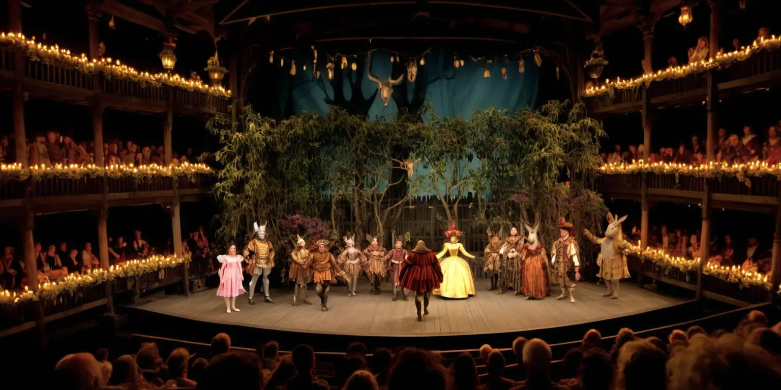 A color photo of a flamboyant performance of Shakespeare's A Midsummer Night's Dream set at the Globe theatre viewed from over the shoulder of a row of Elizabethan royalty and  aristocrats. Fairies and flowers cover the stage. A man with a donkey head stands at the front, surrounded by fairies in bright costumes. The stage is lit with candles only. no electrical lighting. Trees grow up each side of the stage. The year is 1595.