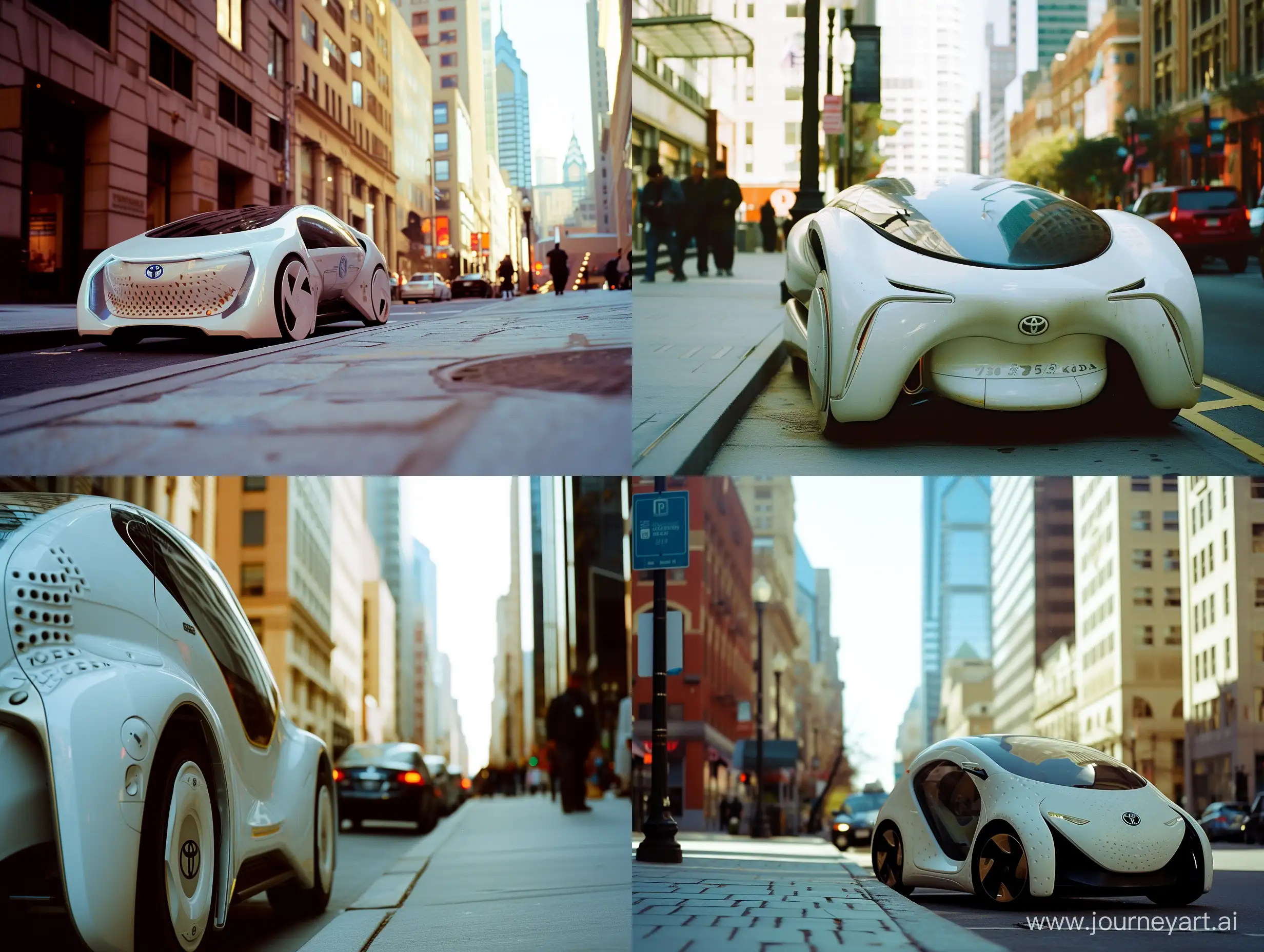 A photo of a white sci-fi electric autonomous Toyota vehicle parked by the sidewalk, captured with Kodak Gold 200 film, showcasing the natural lighting and bustling city environment. The style is raw photo, featuring architectural elements, skyscrapers, and the cityscape of Philadelphia. close up