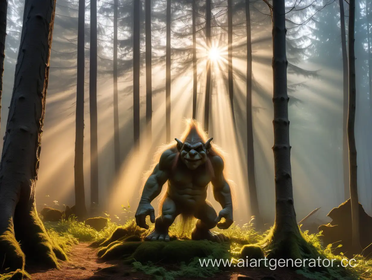 Enchanting-Forest-Sunrise-with-Playful-Troll
