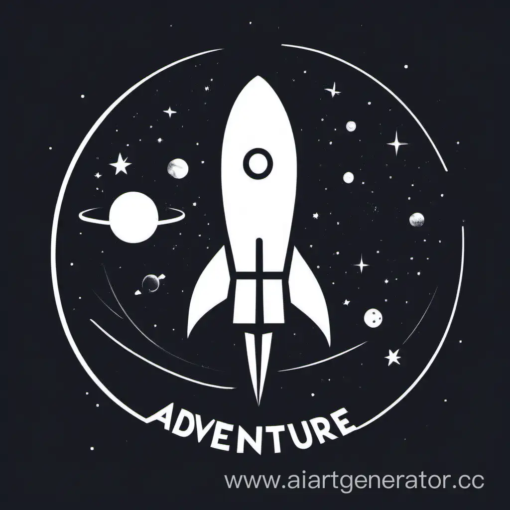 Draw me a minimalistic logo with a white earth icon and a rocket that flies over the earth on a black background... At the bottom is the inscription "Adventure Space"