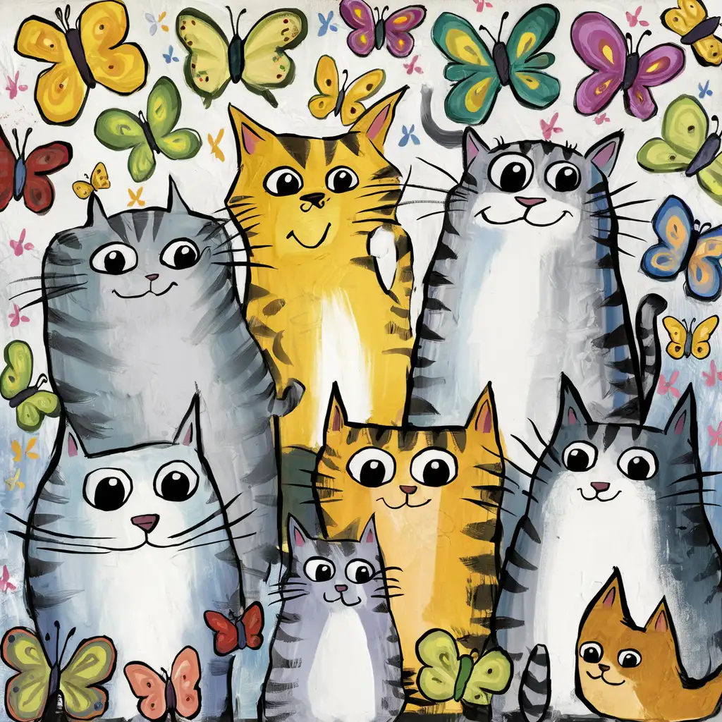 Several cats of different sizes and shapes, funny and colorful, painted in a naive style surrounded by colorful butterflies