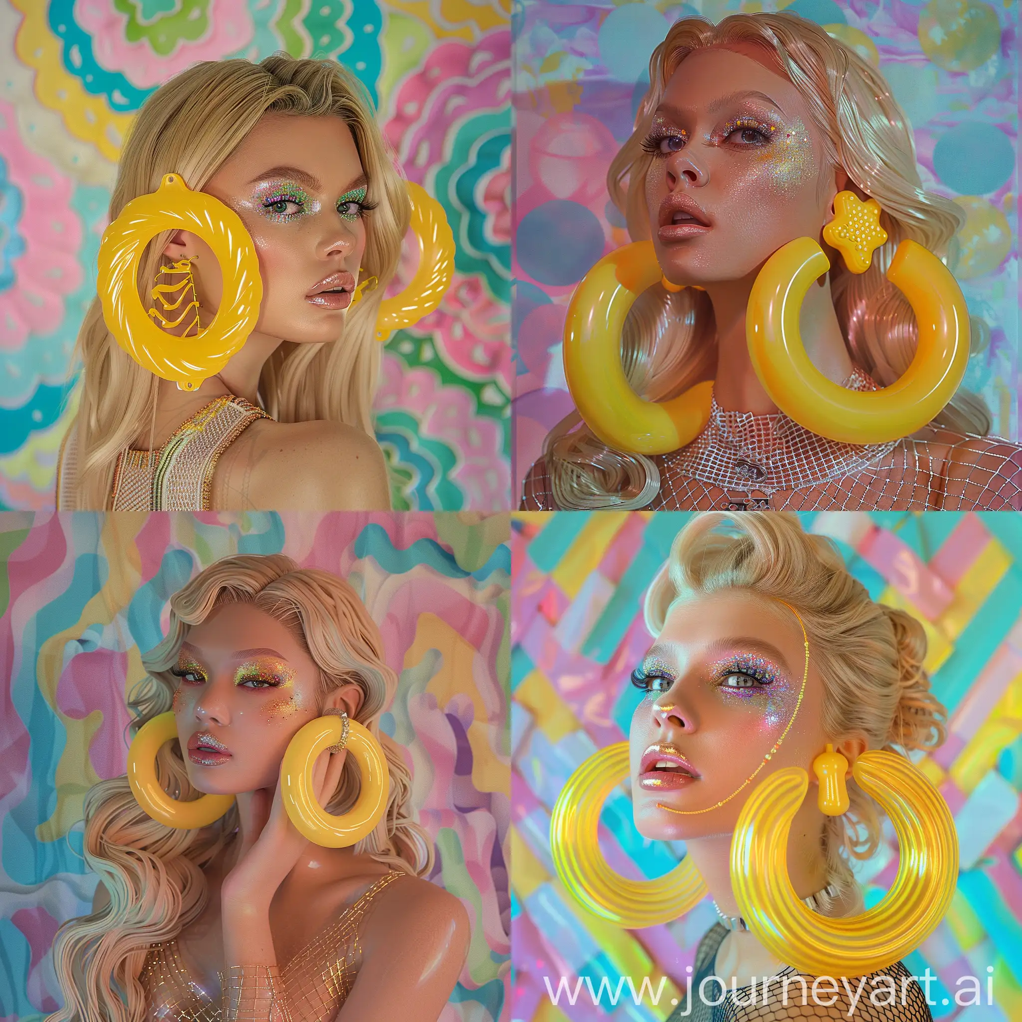 Blonde-Model-with-Glittery-Makeup-and-Large-Yellow-Earrings-on-Pastel-Pattern-Canvas