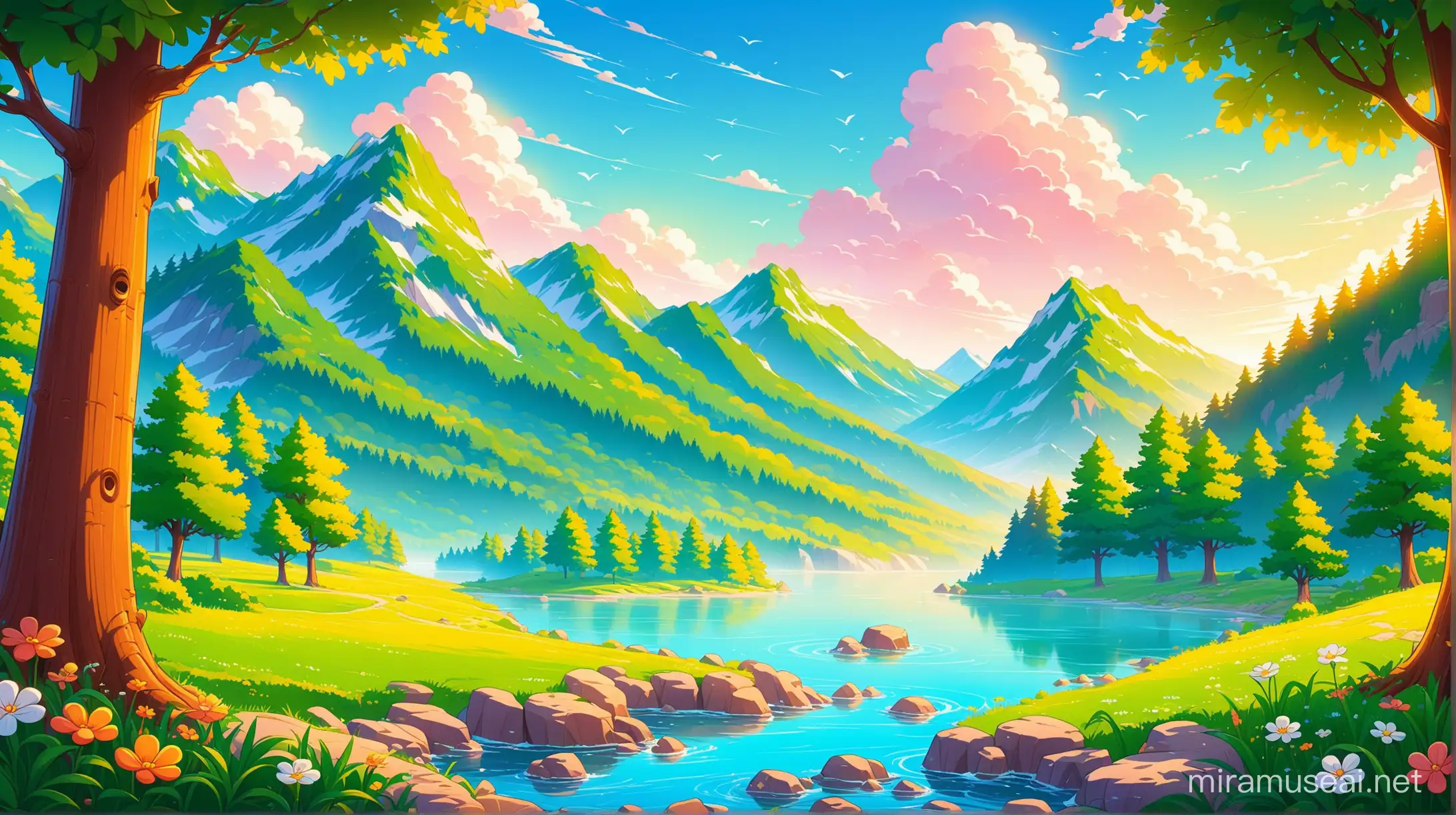 Colorful Cartoon Nature Scene with Playful Animals