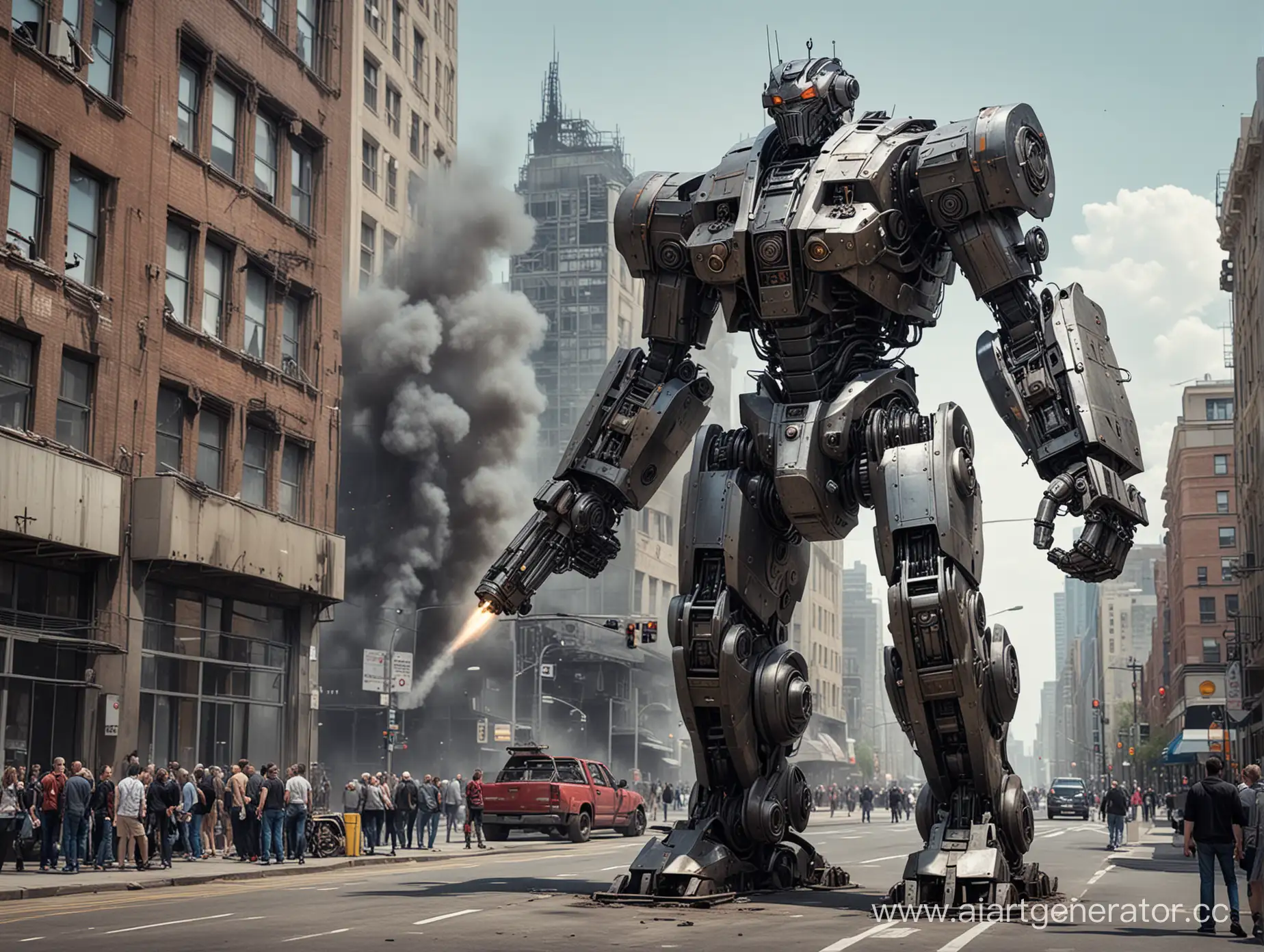 Огромные стальные роботы в городе. art 
С пушками и ракетами