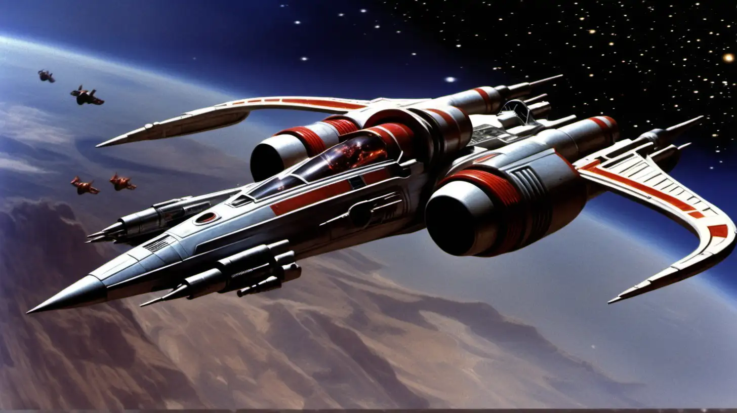 cinematic action shot, detailed image of a star fighter from the buck rogers television show