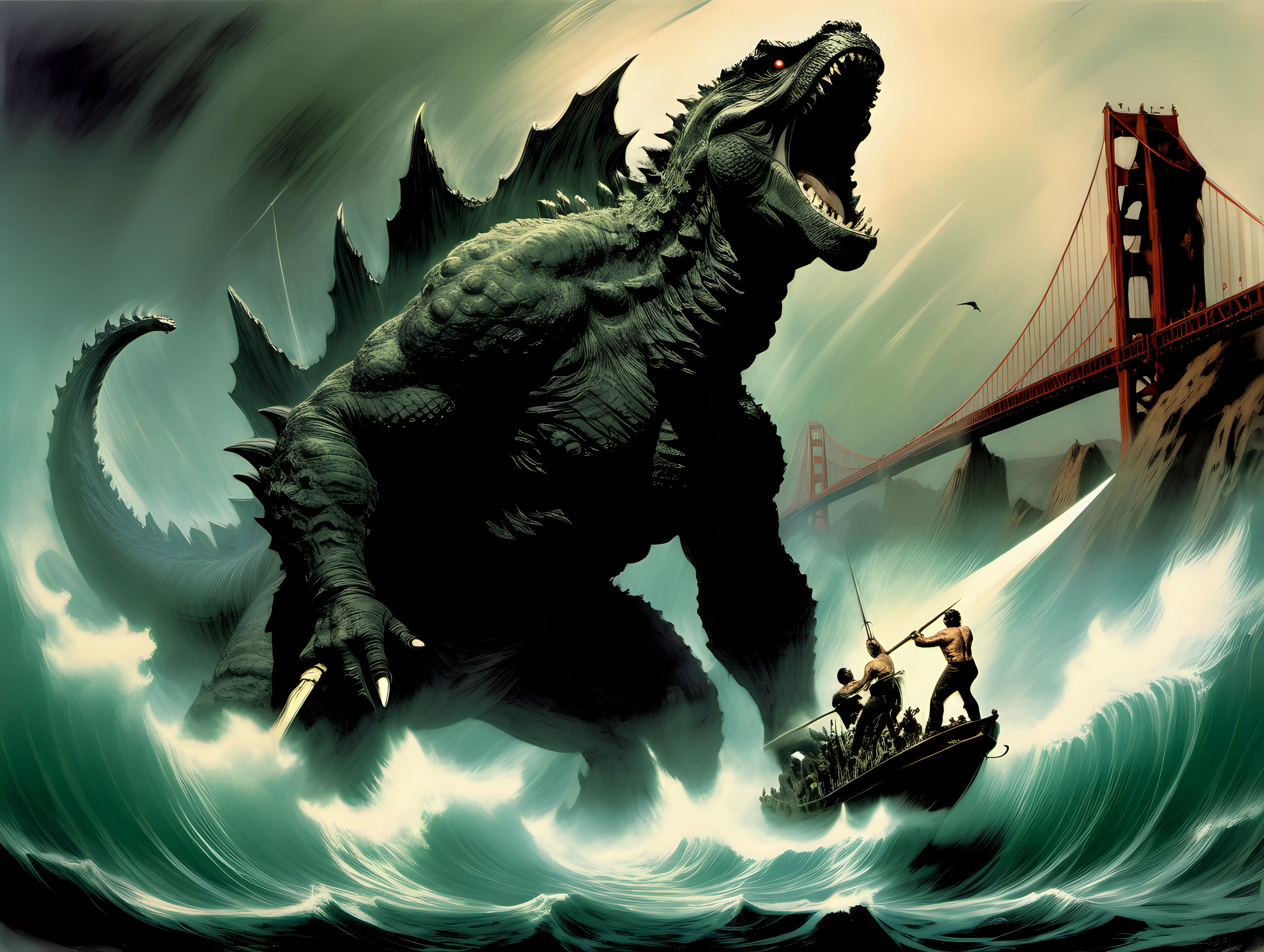Captain Ahab harpooning Godzilla in the San Francisco Bay frank frazetta style