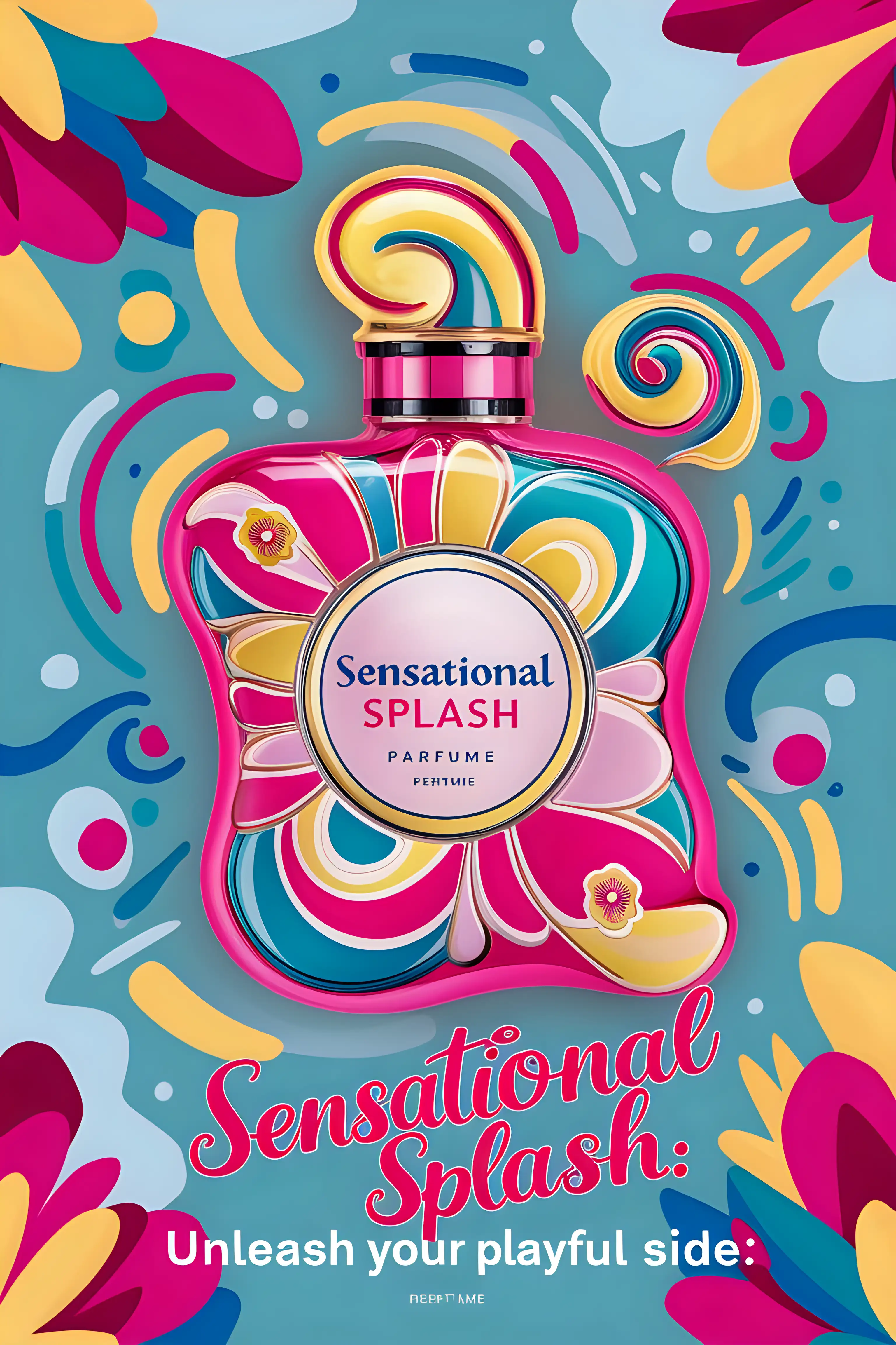 Vibrant Perfume Advertisement with Playful Colors and Captivating Slogan