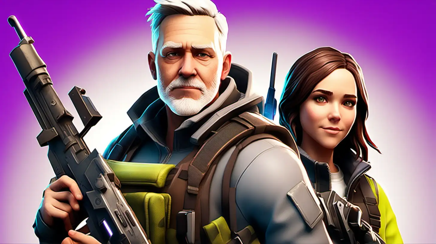 only 2 people, a white middle aged man soldier with very short grey hair and a very short grey beard, with a brunette woman with long brown hair who resembles ellen page in the style of the video game fortnite, holding weapons