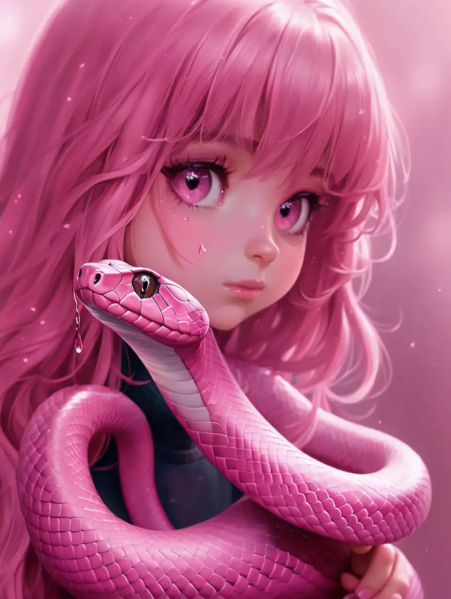 粉色小蛇，回头看，眼含热泪