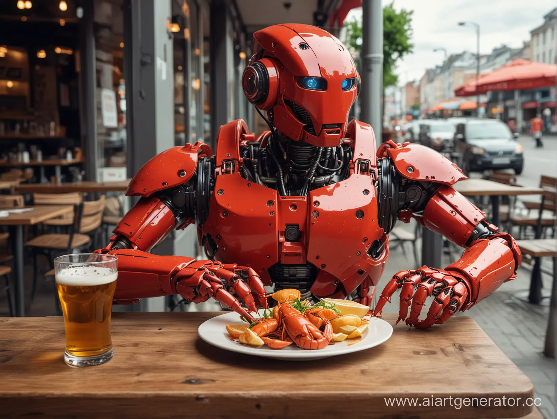 Красный робот ест раков и пьет пиво в кафе