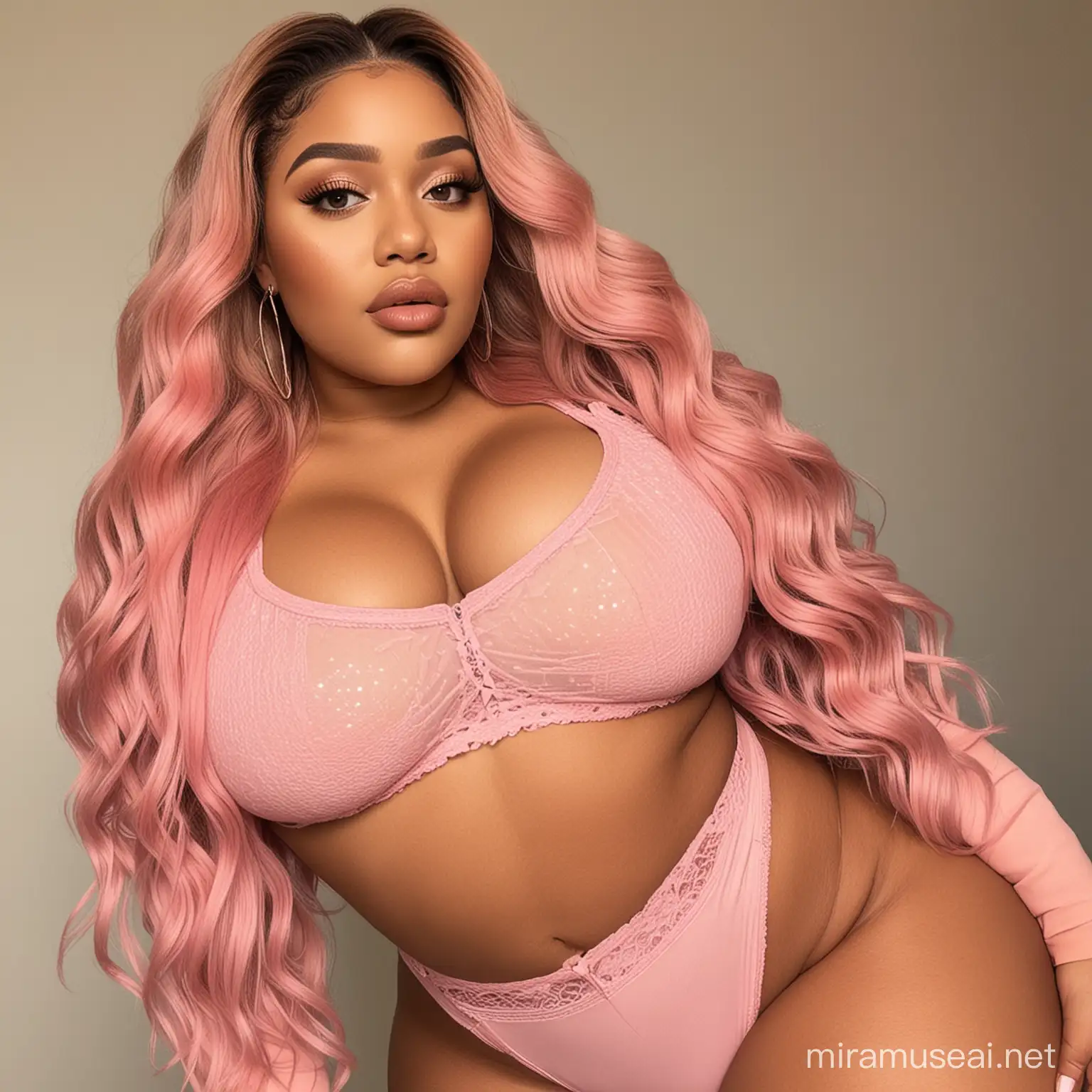 Image prompt/: generate pictures full body of a light skinned south african curvy, thick, plus size girl that looks like me, with a straight brown hd lace front weave, thirst trap in pink