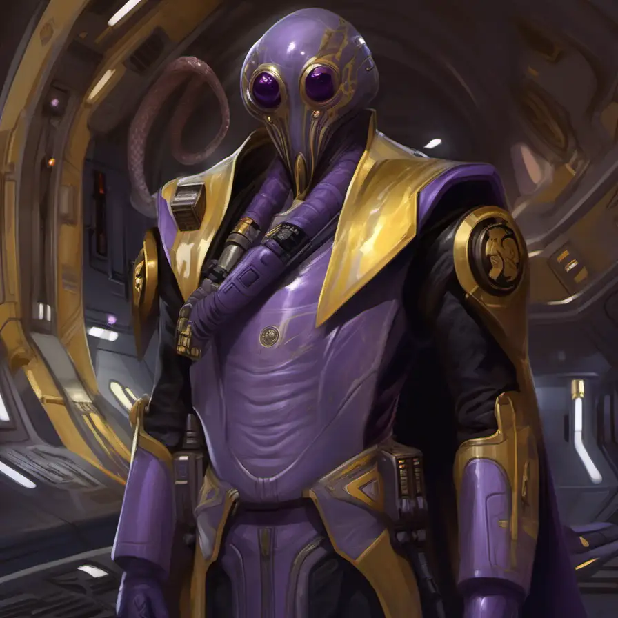 Kit Fistom Nautolan, head tentacles, pale purple skin, yellow eyes, purple gold ceremonial uniform, spaceship interior, Star Wars art