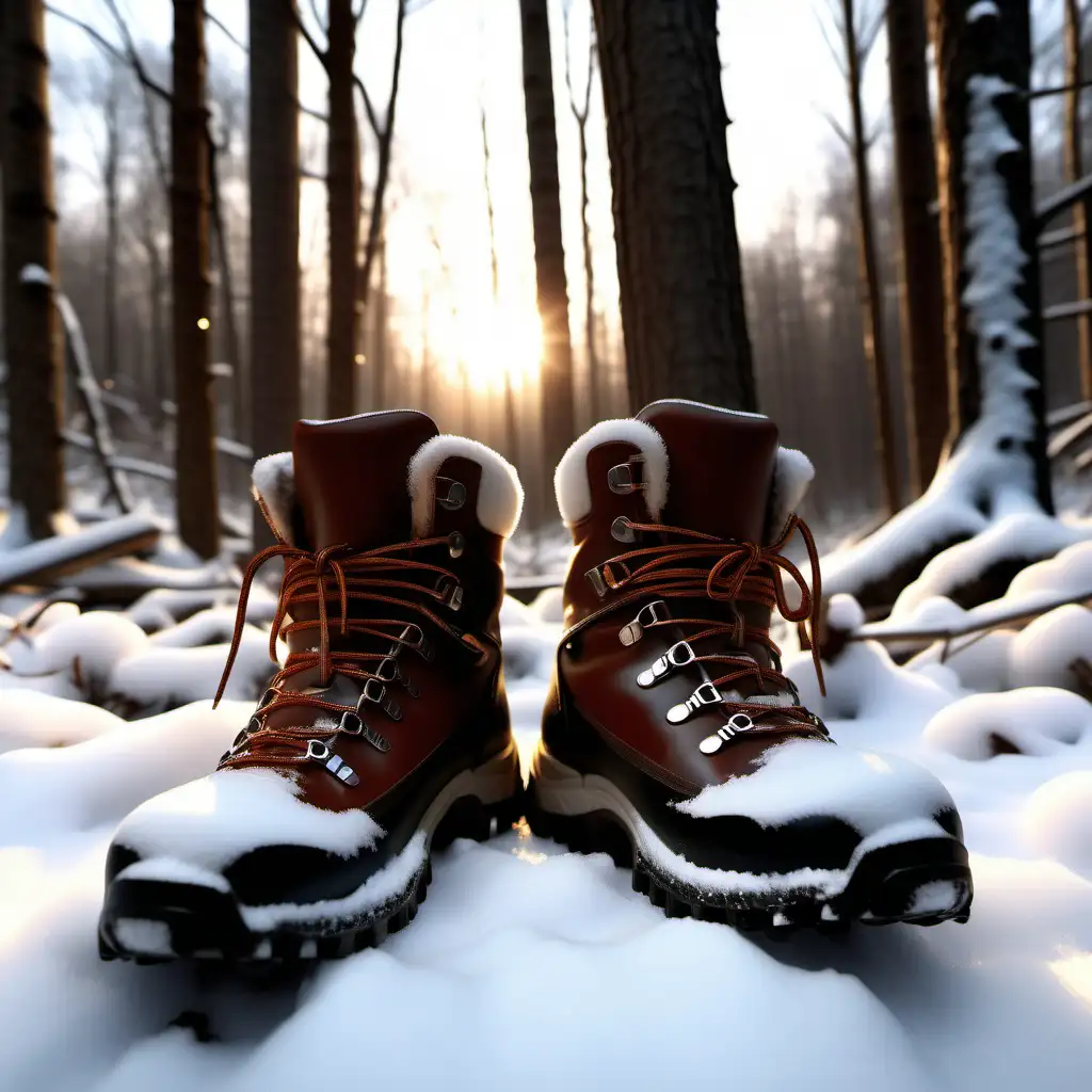 Snowy forest floor, detailed and structured, leather hiking boots standing in snow, iced, forest trees surrounding, Sunset, uplight, 1080f resolution, ultra 4K, realistic