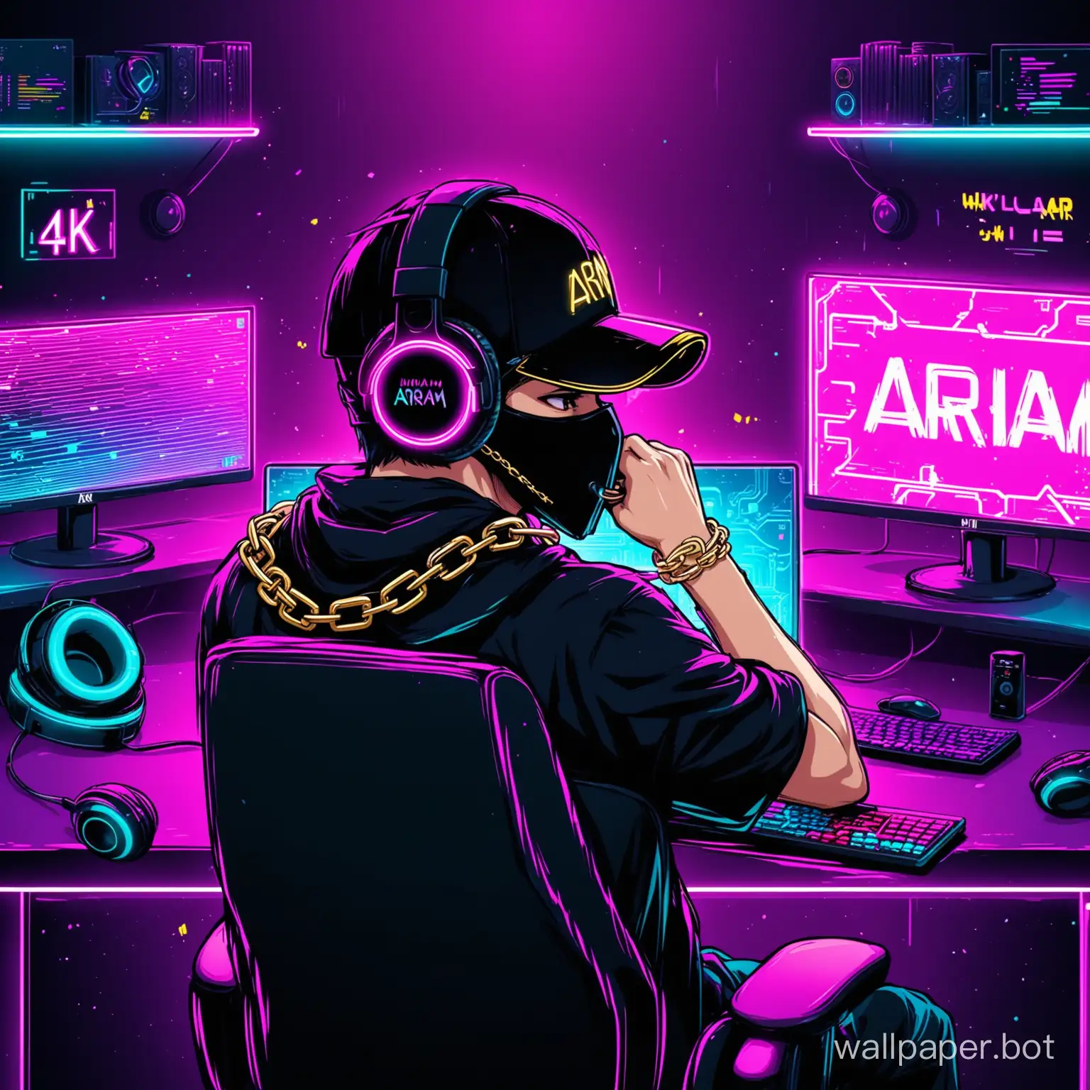 create a 4k wallpaper for laptop where a boy is playing games on pc wearing a headphone, cap or a gold chain hide her face to a black mask sit on the gaming chair back ground features Arnam in the neon fonts