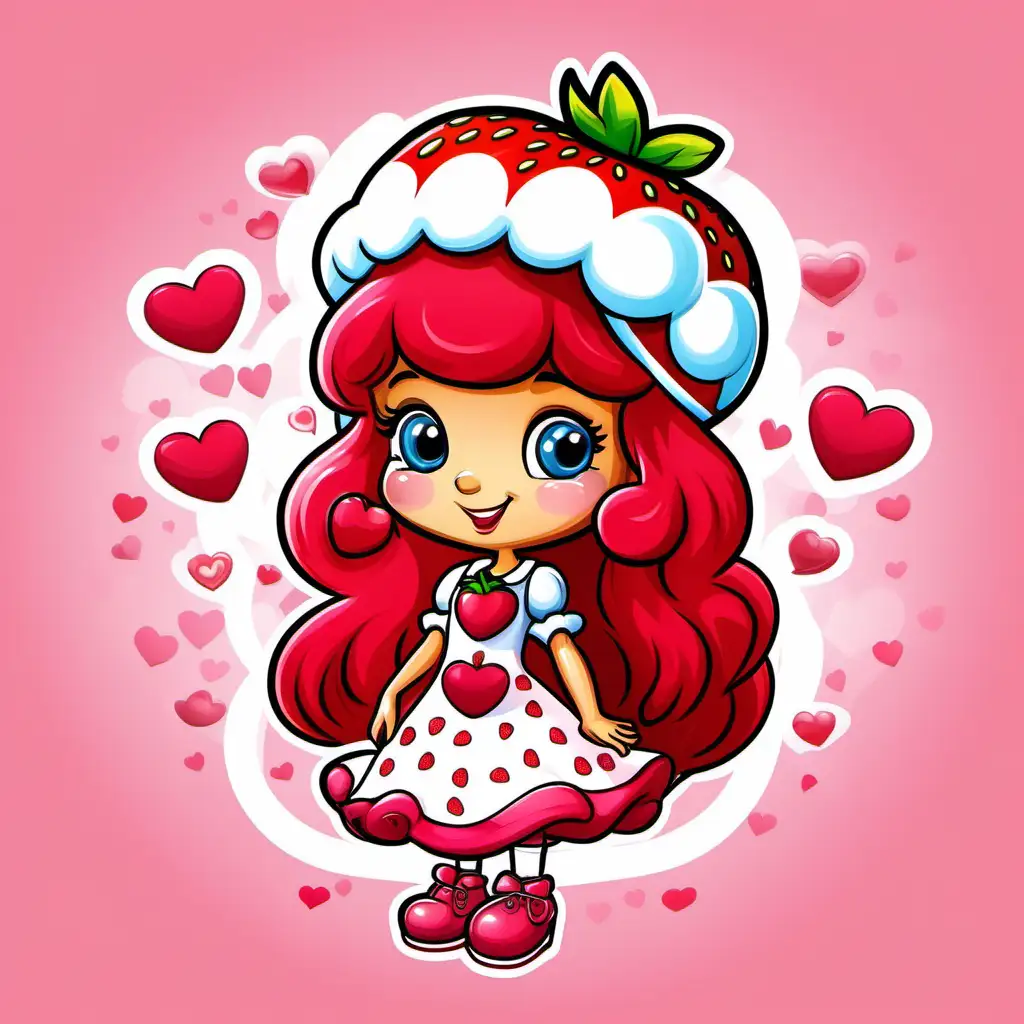 create a cartoon illustration of strawberry shortcake valentines day themed, white background, high resolution image