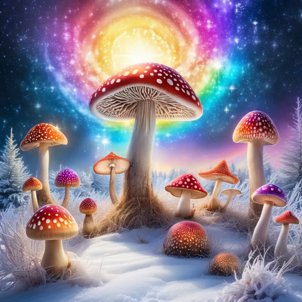 winter solstice majical mushroom aminta muscaria shamanic sunrise cosmic super galactic jesus rainbow