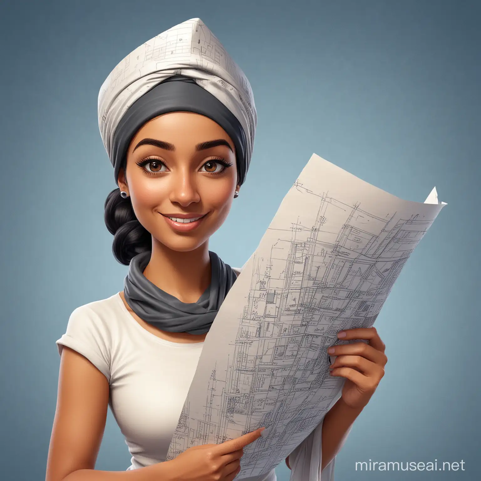 This is a caricature of a beautiful young woman of Egyptian descent. Wearing a head covering, she is depicted as an architect holding a giant blueprint. The image is full-bodied and depicts the woman in a confident and professional manner. The caricature style adds a touch of fun to the overall design. This image would be perfect for architectural or construction-related projects.