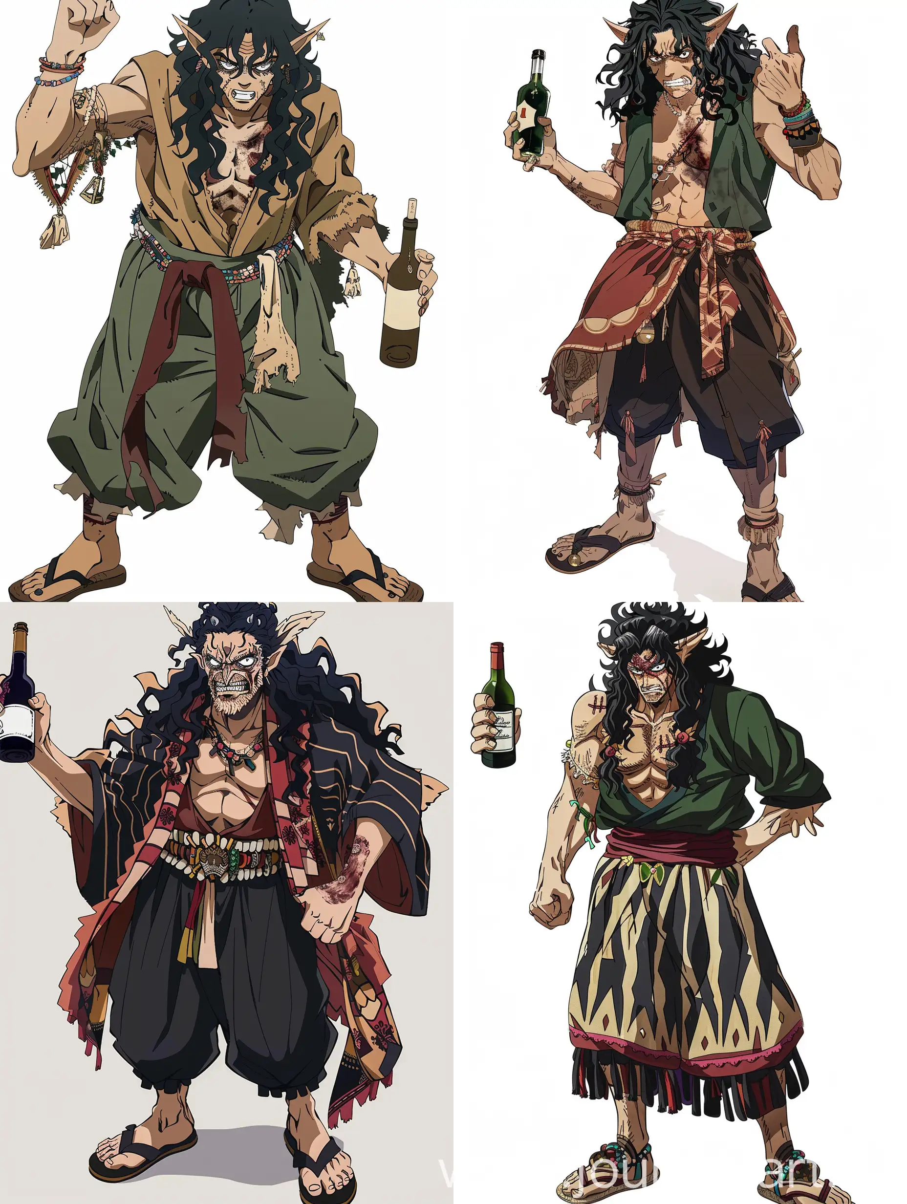 an adult man, anime style, broad shoulders, a scar on his face, white eyes, black wavy hair, angry, long ears, in a gypsy costume, wearing sandals, cool guy, holding a bottle of wine, full height, multiple times