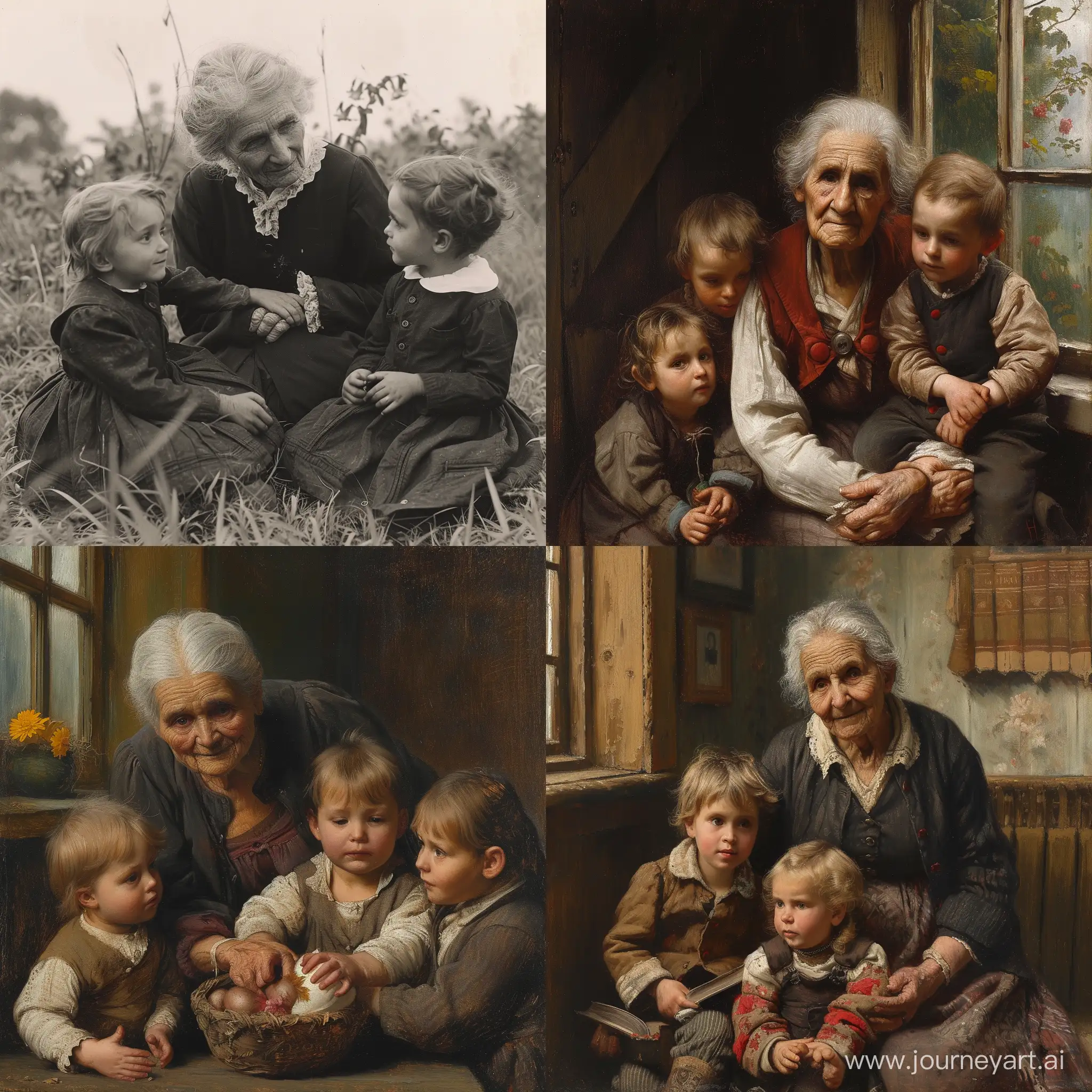 Elderly-Woman-and-Three-Mystery-Kids-Embrace-in-Nostalgic-Gathering