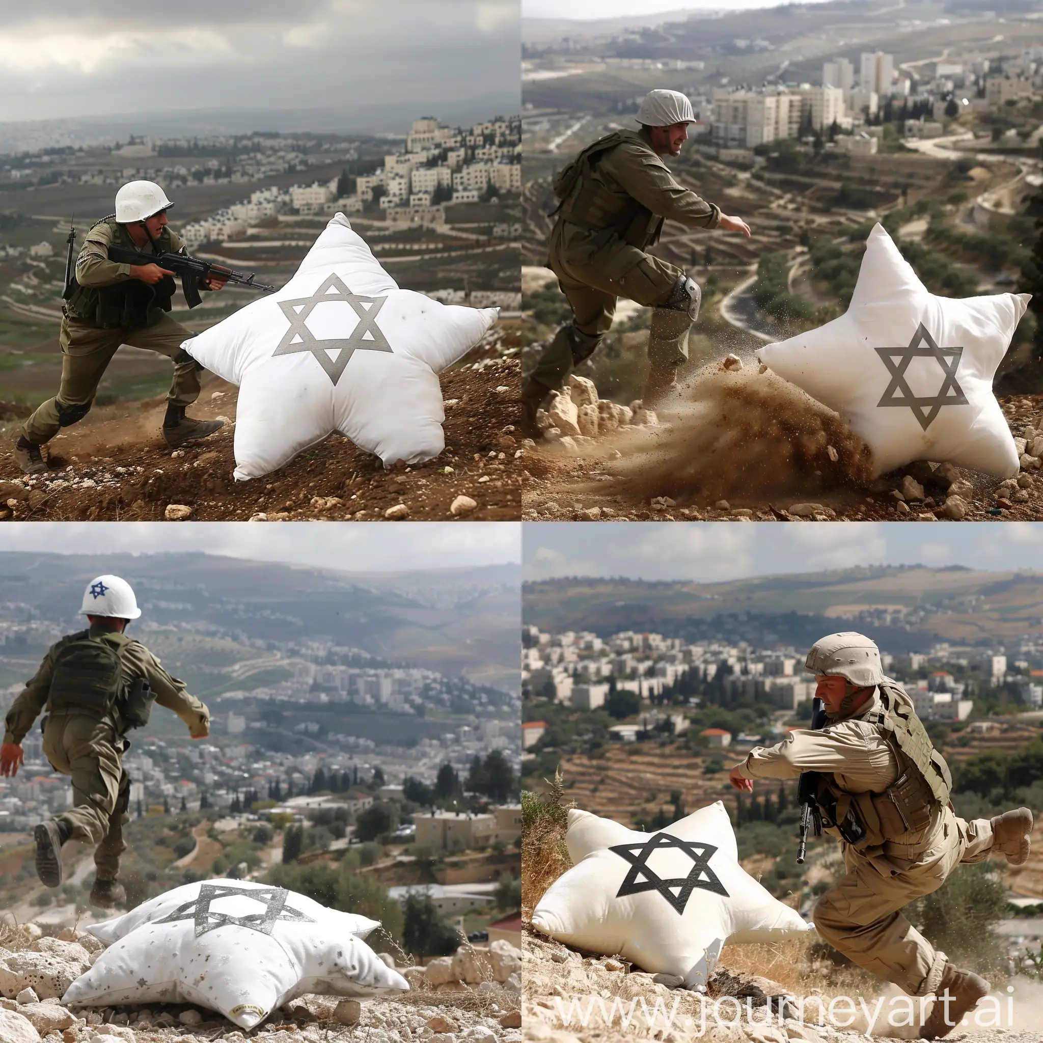 An Israeli soldier flees, stumbles and falls to the ground, and behind him is a city A pillow shaped like the star of Israel