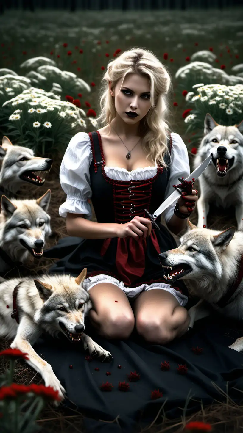 Perfect blonde  Bavarian woman with bloody knife laying in a field of edelweiss with a dark gothic setting  with pack of vicious wolves holding bloody knife in ultra realistic definition 