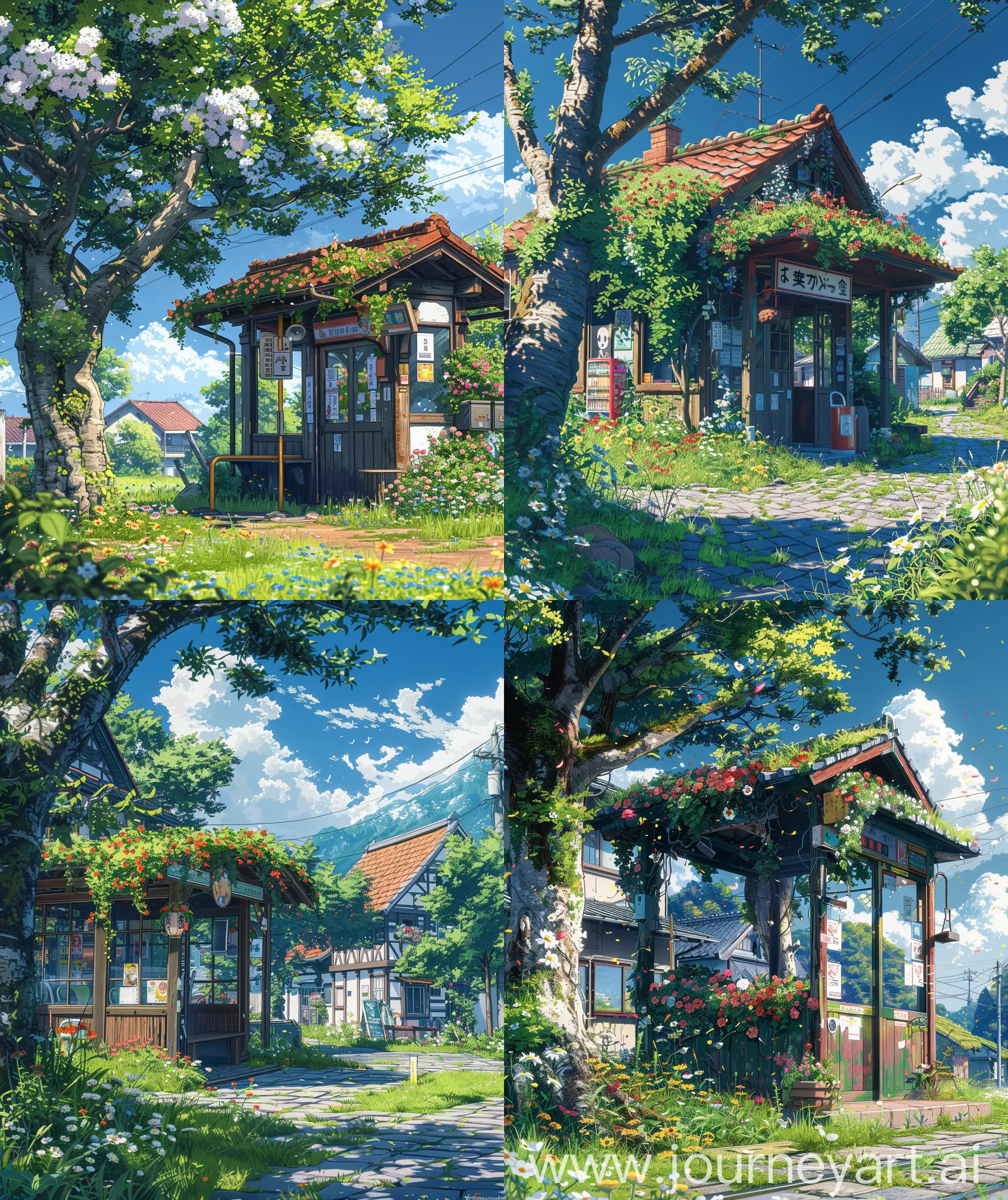 Anime scenary, illustration, mokoto shinkai and Ghibli style, village , direct front facade view of bus stop , beautifully decorated with flowers, grass, tree beside bus stop , day time, summer days anime scenary, blue sky, ultra HD, high quality, sharp details, no hyperrealistic --ar 27:32 --s 400