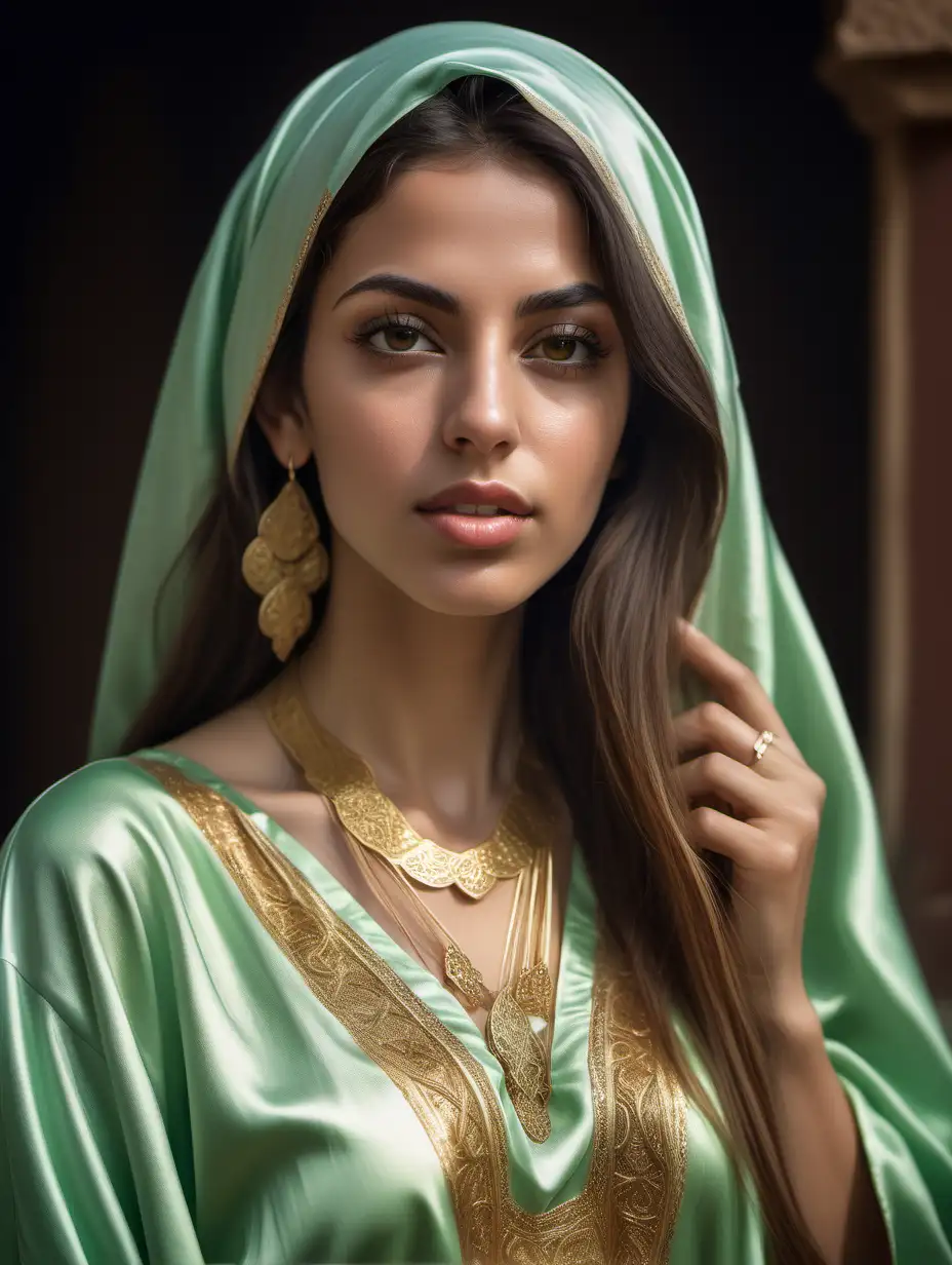 portrait of an adult beautiful  arab woman, long hair, there are some hair strings at the side of her face, elegant, too beautiful, highly realistic, ruddy skin, full big lips, feeling of lightness and joy, hyperrealism, skin very elaborated, direct gaze, full upper body in picture, she wears a lightgreen moroccan caftan dress, the focus of the picture is on her face and shoulders. She also wears golden hanging earrings. She has almond eyes, long eyelashes, round eyebrows, high cheekbones, slim nose, slim face, her hair is veiled, golden necklace 