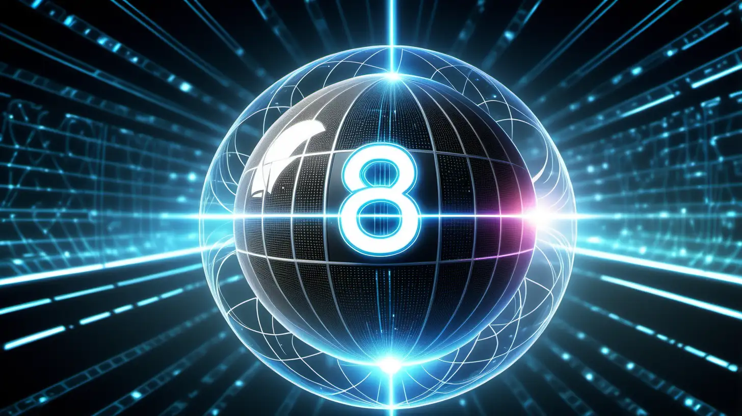 A highly detailed and futuristic image highlighting 8G advancements, with the central "8G" symbol suspended in a holographic sphere, radiating beams of light and digital energy.