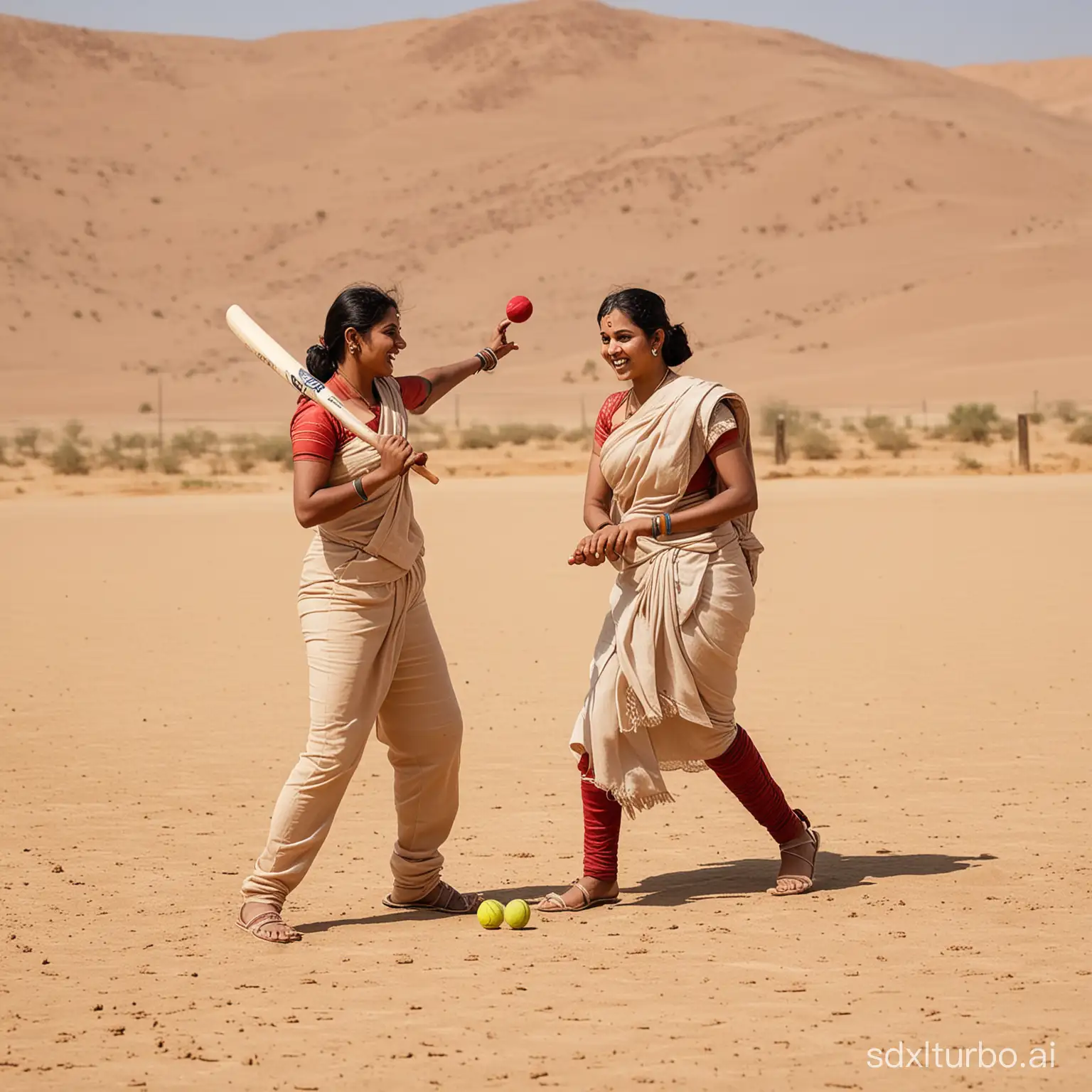 Indian-Women-in-Saree-Playing-Cricket-in-Desert