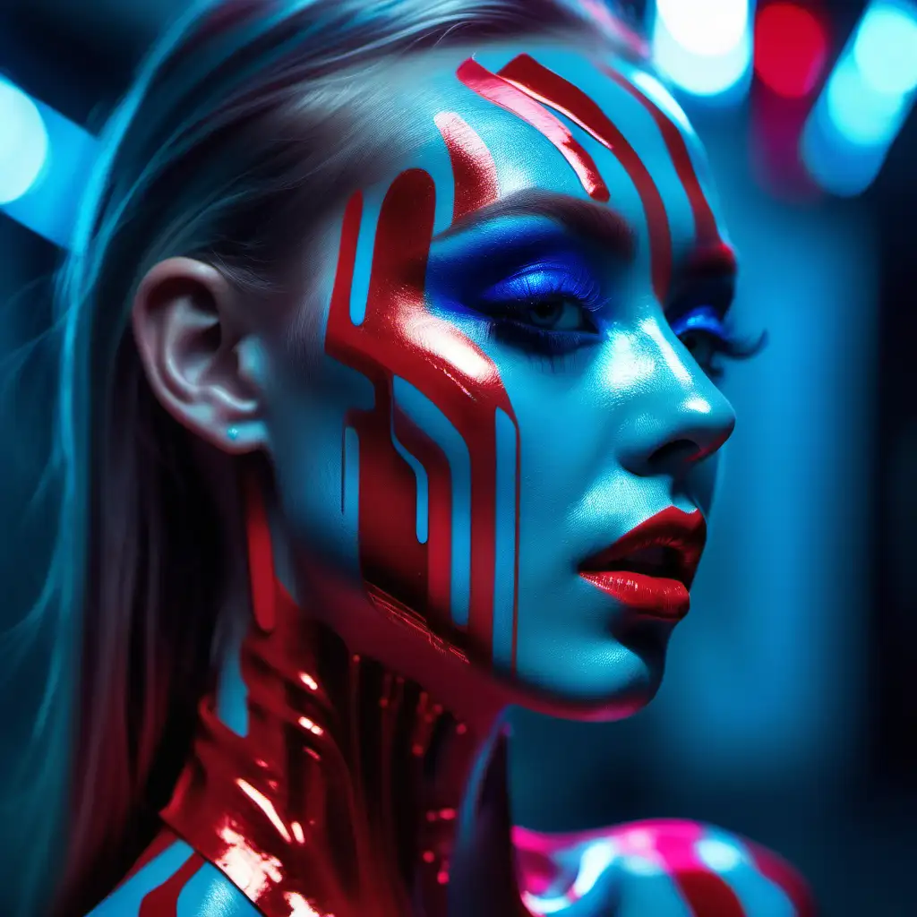 this girl is wearing neon colored makeup, in the style of cinematic lighting, light crimson and azure, shallow depth of field, frantisek kupka, body extensions, abstract whispers, chrome-plated --stylize 750