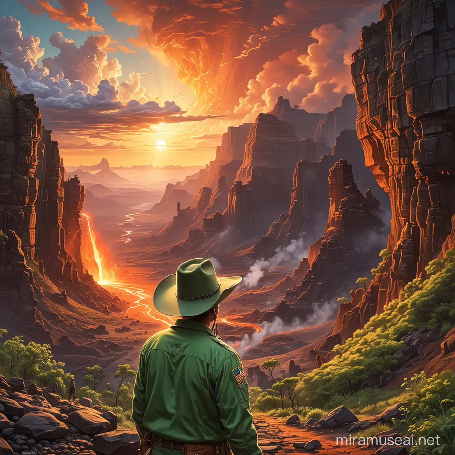 The image is a drawing of a person wearing a green uniform. The person is depicted with various hats such as a cowboy hat, fedora, and sun hat. The drawing is a cartoon illustration of a man in different headgear.The image shows a large canyon with a light shining through it. The tags associated with the image include sky, nature, cloud, volcano, heat, outdoor, fissure vent, lava, ground, eruption, mountain, and sunset.