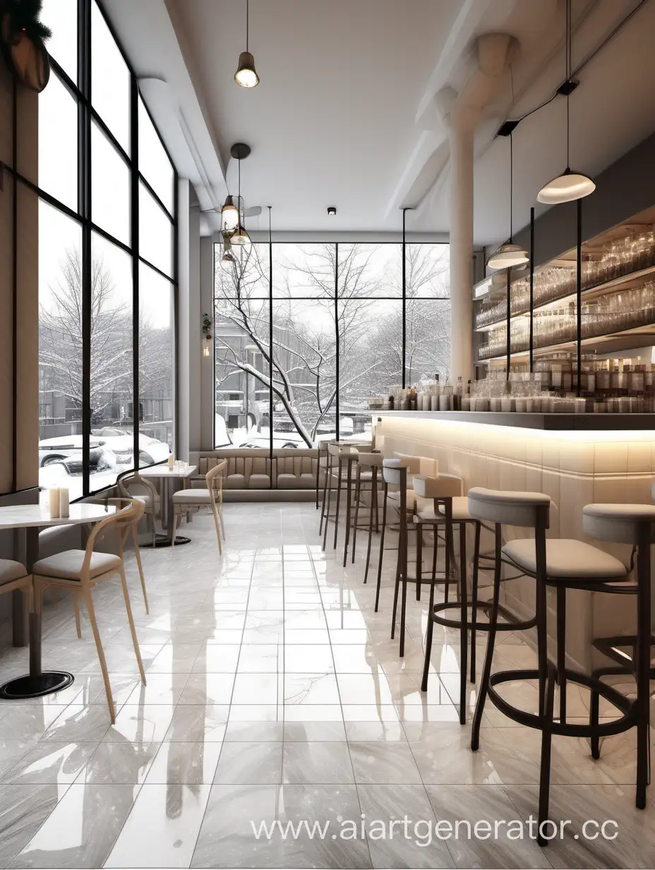 Cozy-Winter-Ambiance-in-Minimalist-Coffee-Shop-with-Panoramic-Snowy-City-View