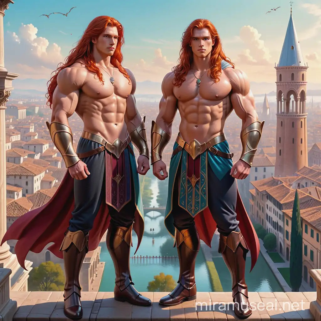 два брата близнеца, длинные рыжие волосы, крепкое накаченное телосложение, молодые, аристократы, в полный рост, стоят на фоне старинного богатого города, фэнтези-арт, искусство, концепт-арт ренессанс, детальное, 8к, классицизм
