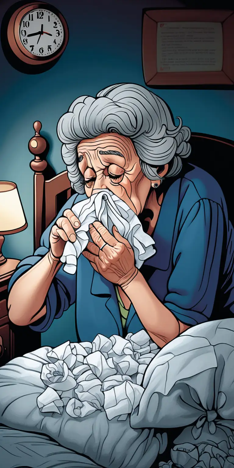 Illustration of Old woman wide awake with dark eye bags at night blowing her nose in a bed with a bunch of used tissue paper. Alarm clock says 4:19
