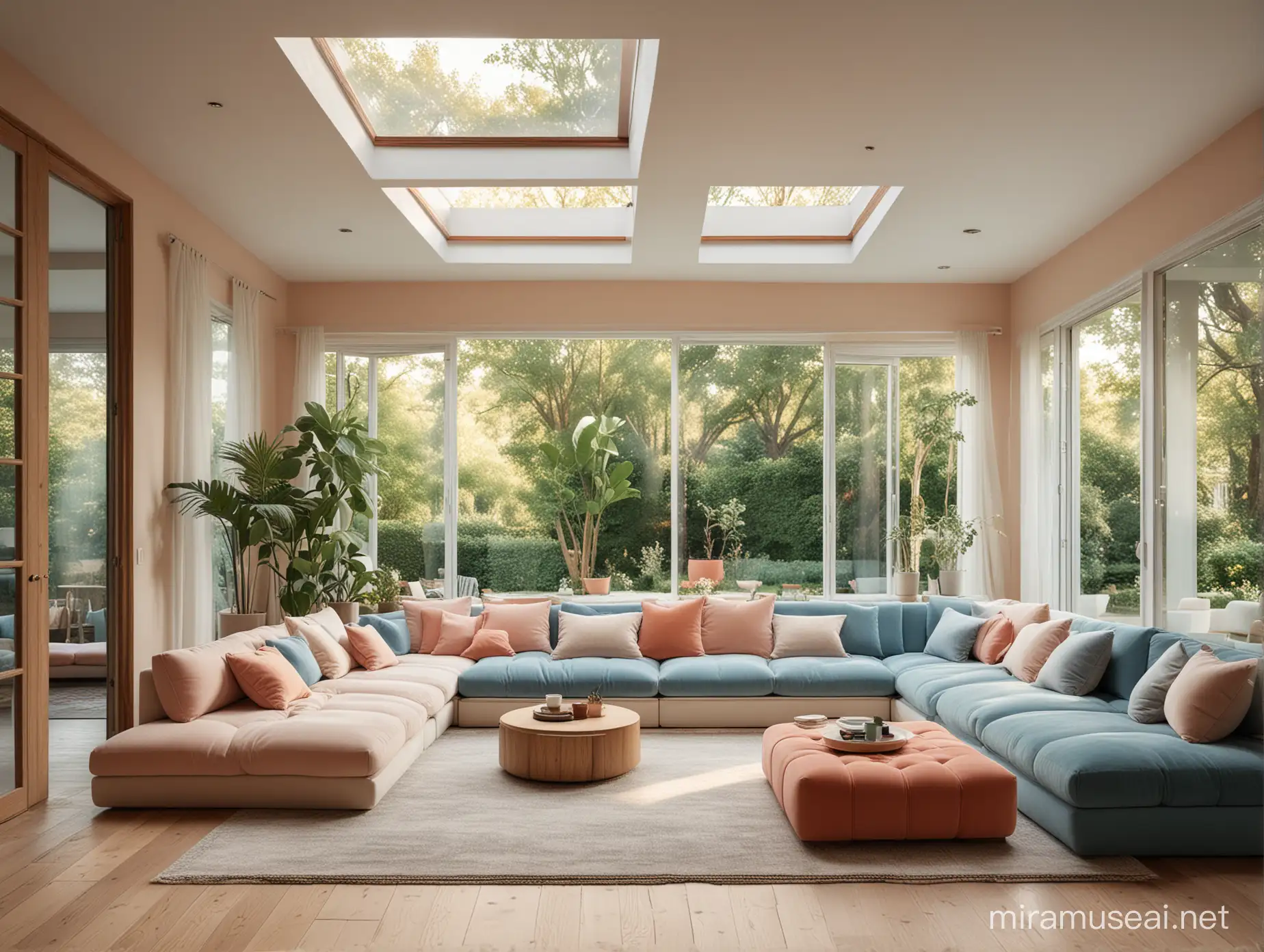 High resolution photography interior design, dreamy sunken living room conversation pit, wooden floor, small windows opening onto the garden, bauhaus furniture and decoration, high ceiling, beige blue salmon pastel palette, interior design magazine, cozy atmosphere; 8k, intricate detail, photorealistic, realistic light, wide angle, kinkfolk photography, A D architecture