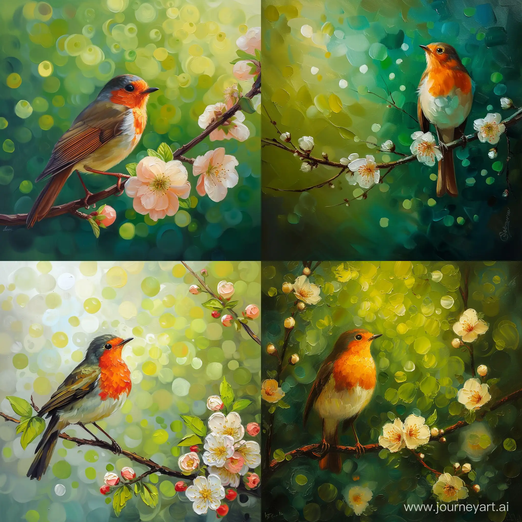 Oil-Painting-of-Robin-Bird-Amid-Blossom-Flowers-in-Olive-Green-Bokeh-Background
