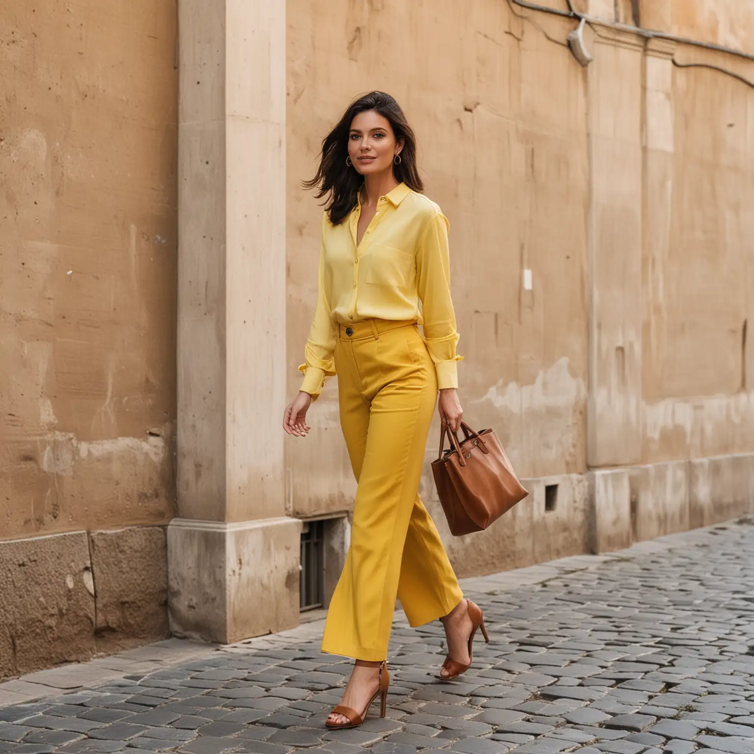 Stylish Woman in Rome Elegant Yellow Shirt and Wideleg Blue Trousers